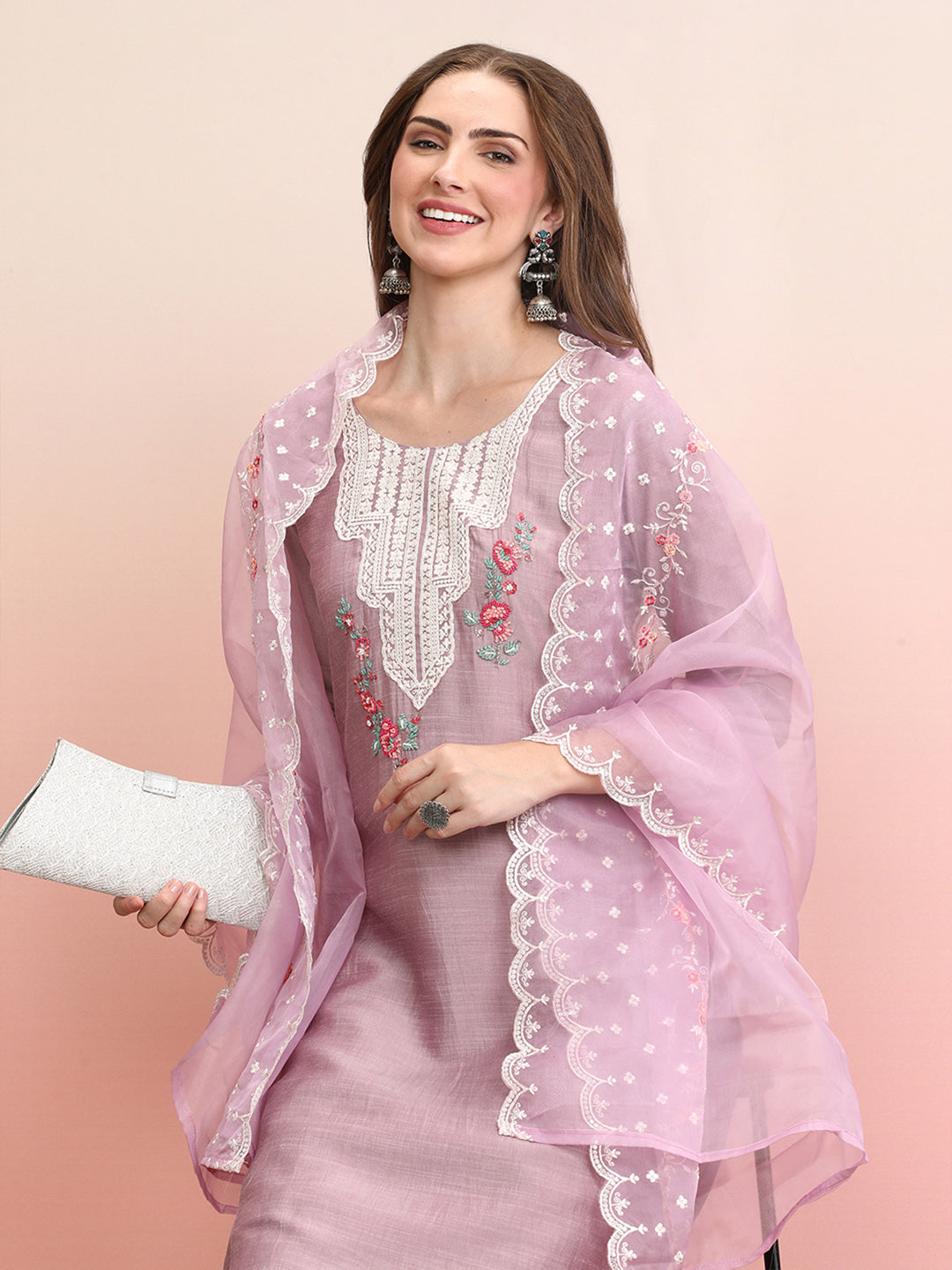 Indo Era Lavender Embroidered Straight Kurta Trousers With Dupatta Set