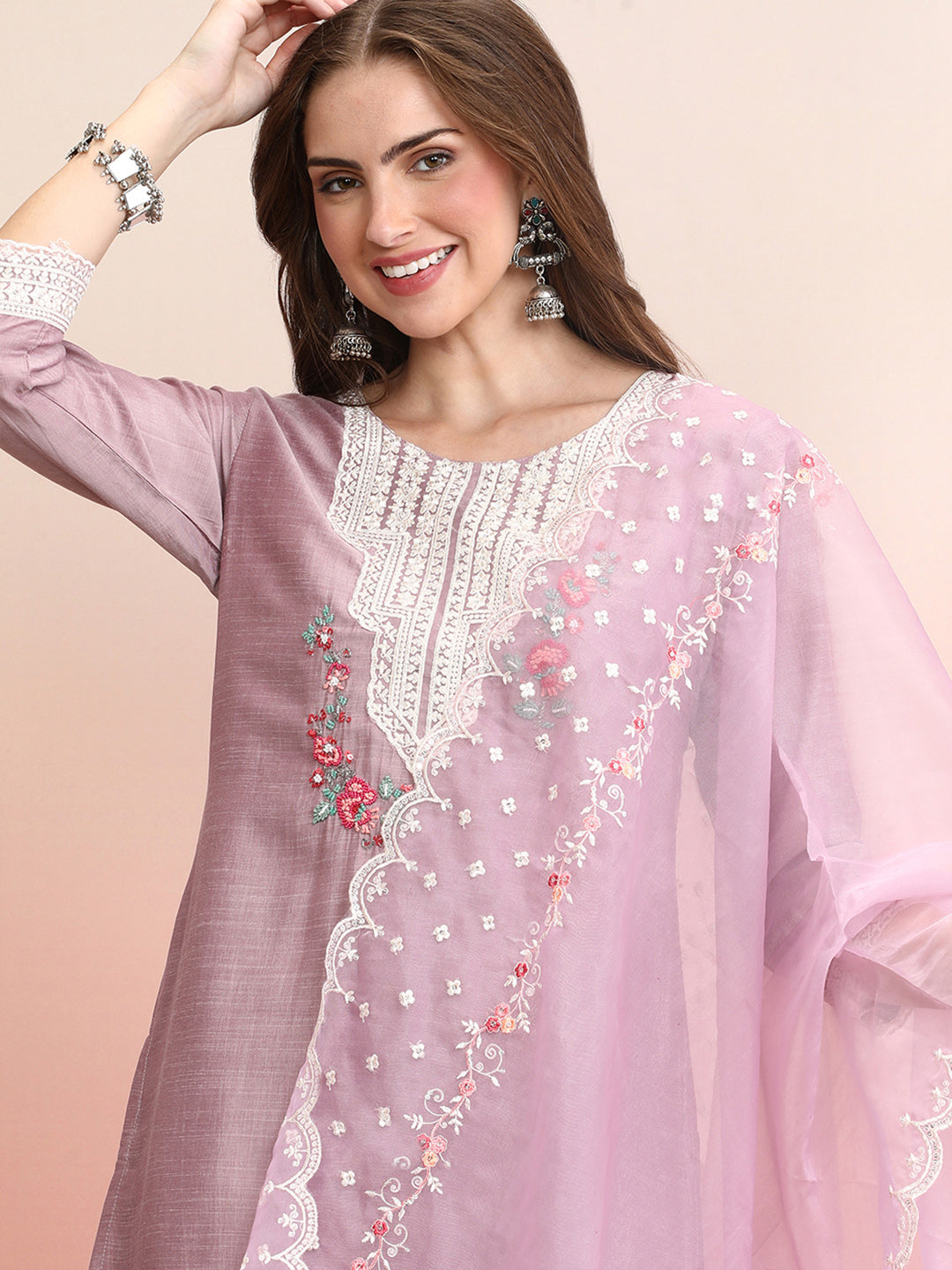 Indo Era Lavender Embroidered Straight Kurta Trousers With Dupatta Set