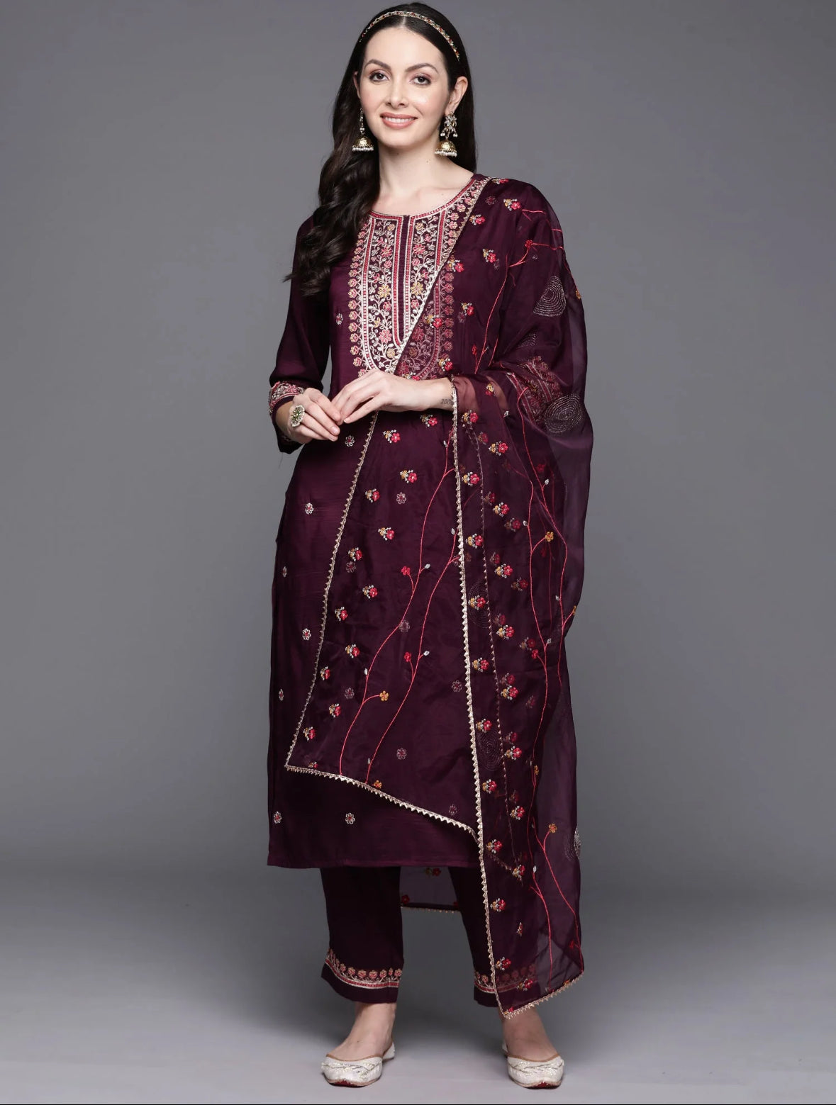 Wine Embroidered Straight Kurta Trousers With Dupatta Set Indo-Silae