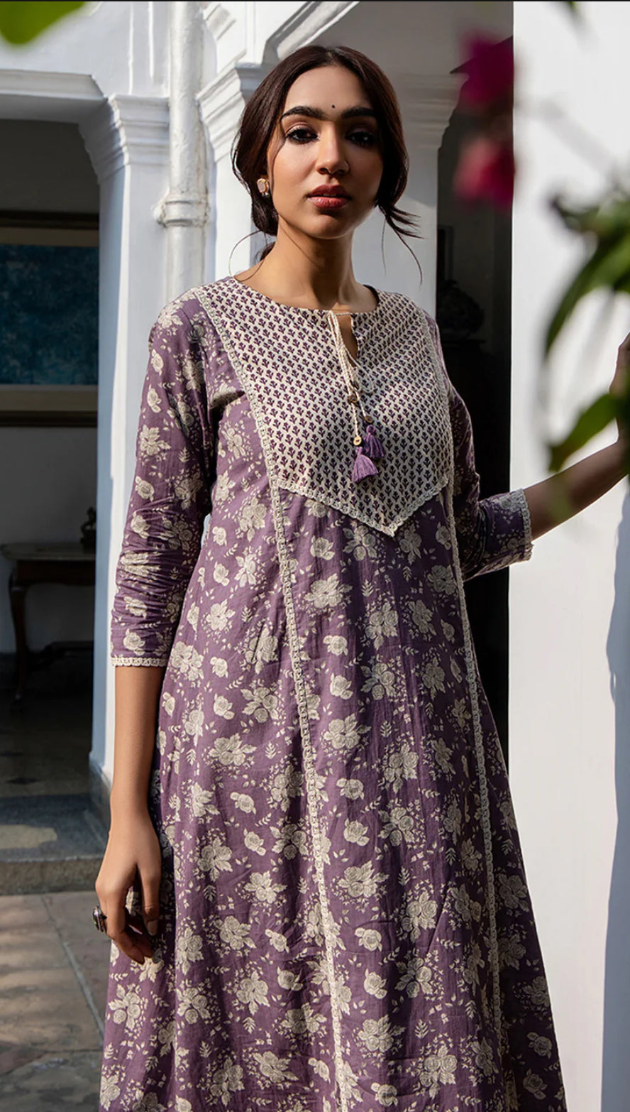 Purple Cotton Floral A-Line Kurta Set