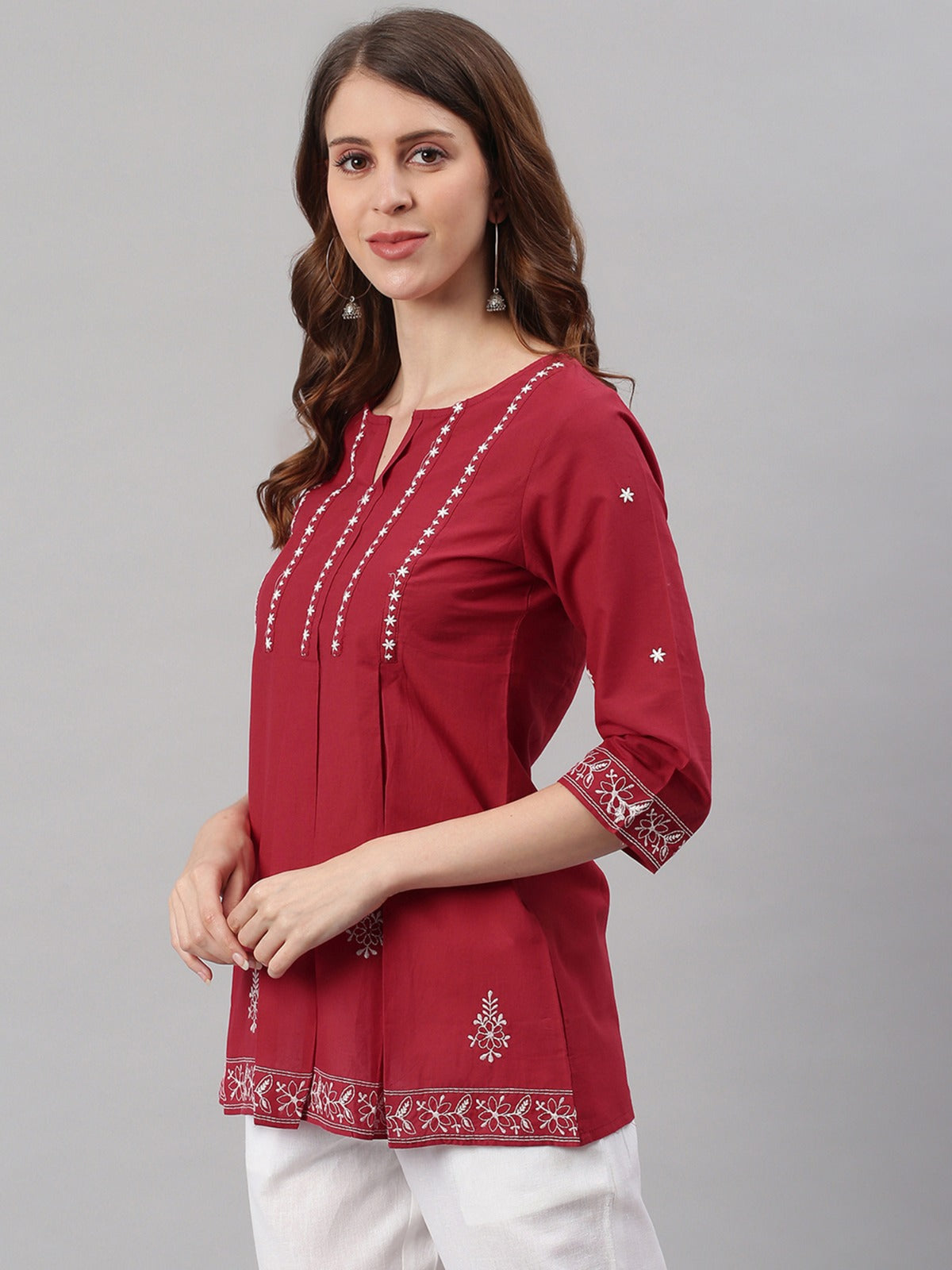 Women's Maroon Cotton Embroidered Trapeze Tunic My Store