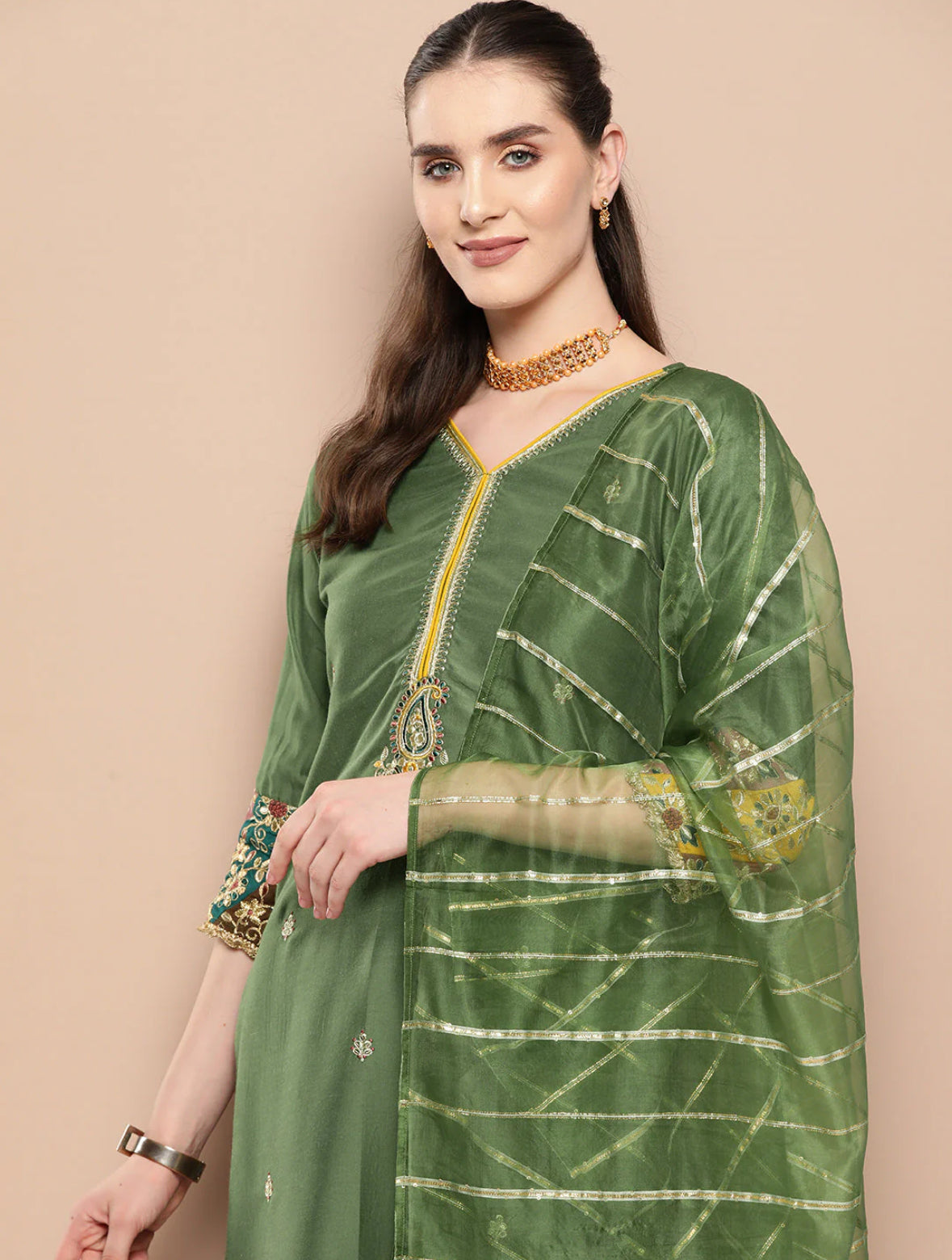 Green Embroidered Straight Kurta Trousers With Dupatta Set