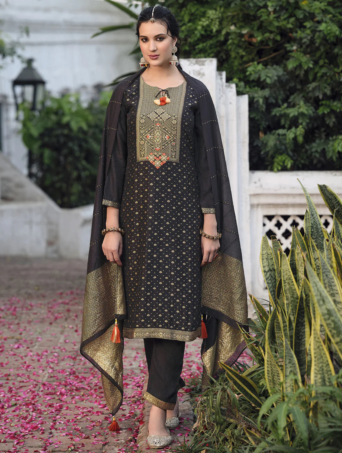 Burgundy Embroidered Straight Kurta Trousers With Dupatta Set Silae: Shop Ethnic & Western Wear for Women
