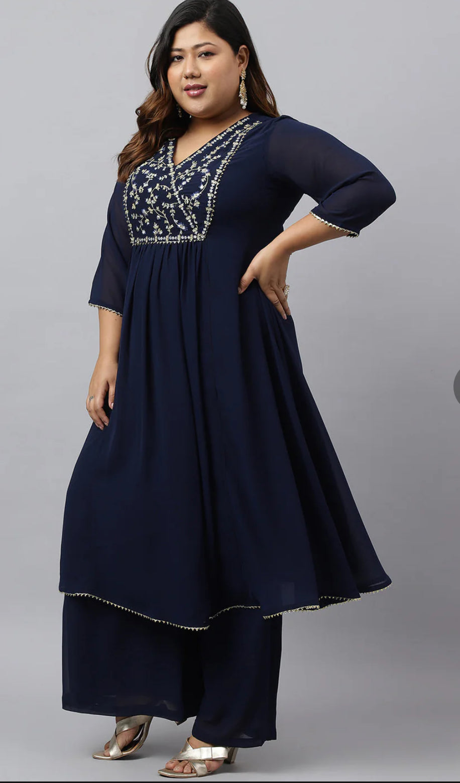 Navy Blue Georgette Yoke Embroidery Kurta with Palazzo and Dupatta