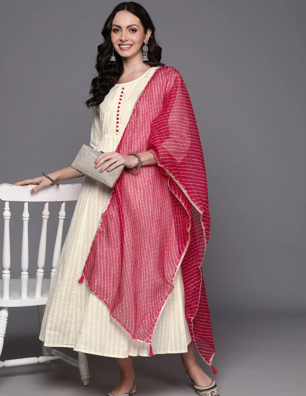 Off- White Floral Embroidered Anarkali Dress With Dupatta Set Indo-Silae