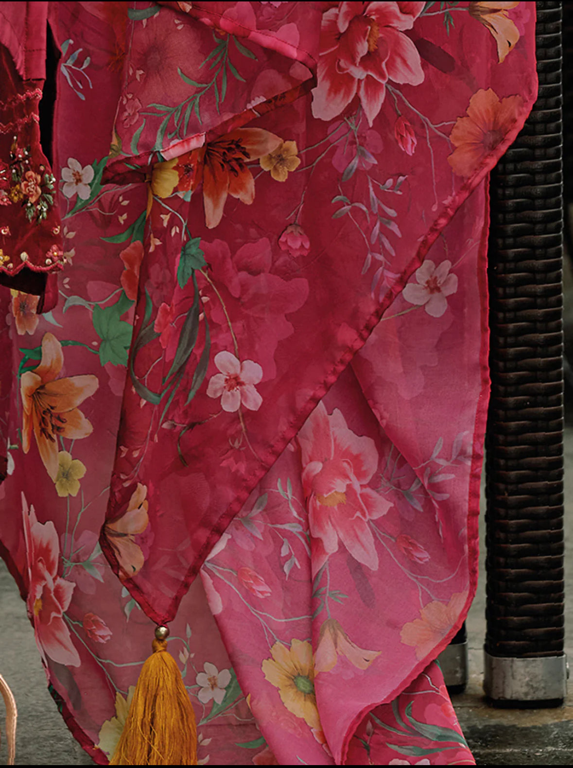 Red Embroidered A-Line Kurta Trousers With Dupatta Set