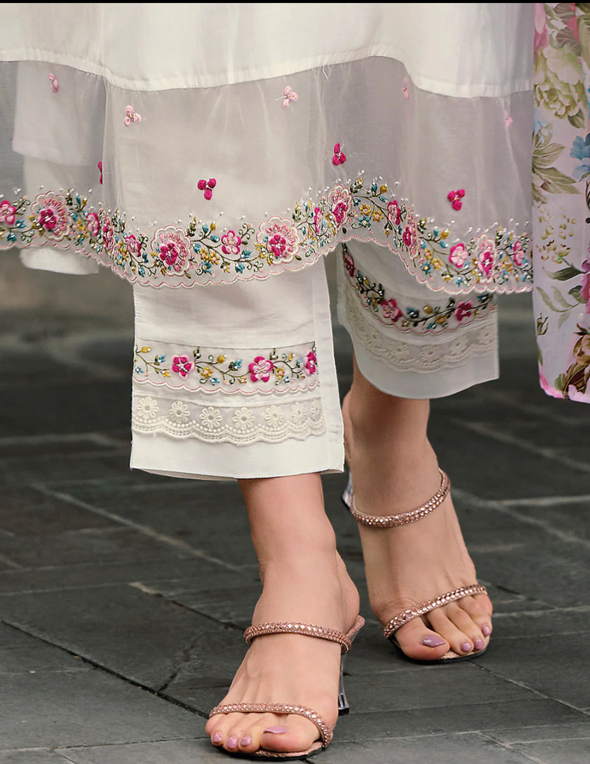 White Embroidered A-Line Kurta Trousers With Dupatta Set Indo-Silae