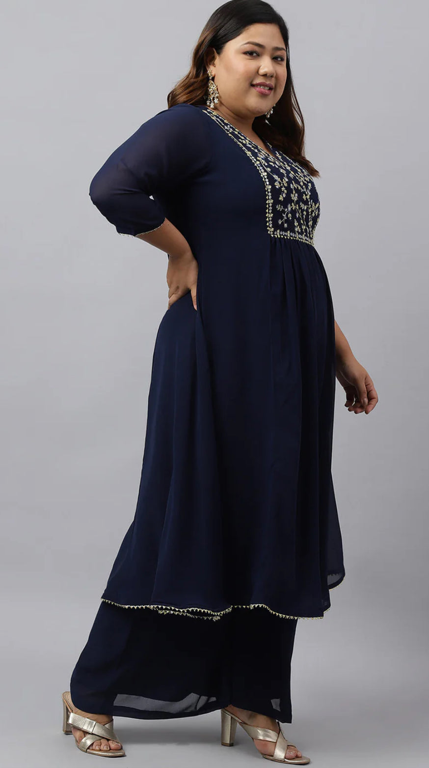 Navy Blue Georgette Yoke Embroidery Kurta with Palazzo and Dupatta
