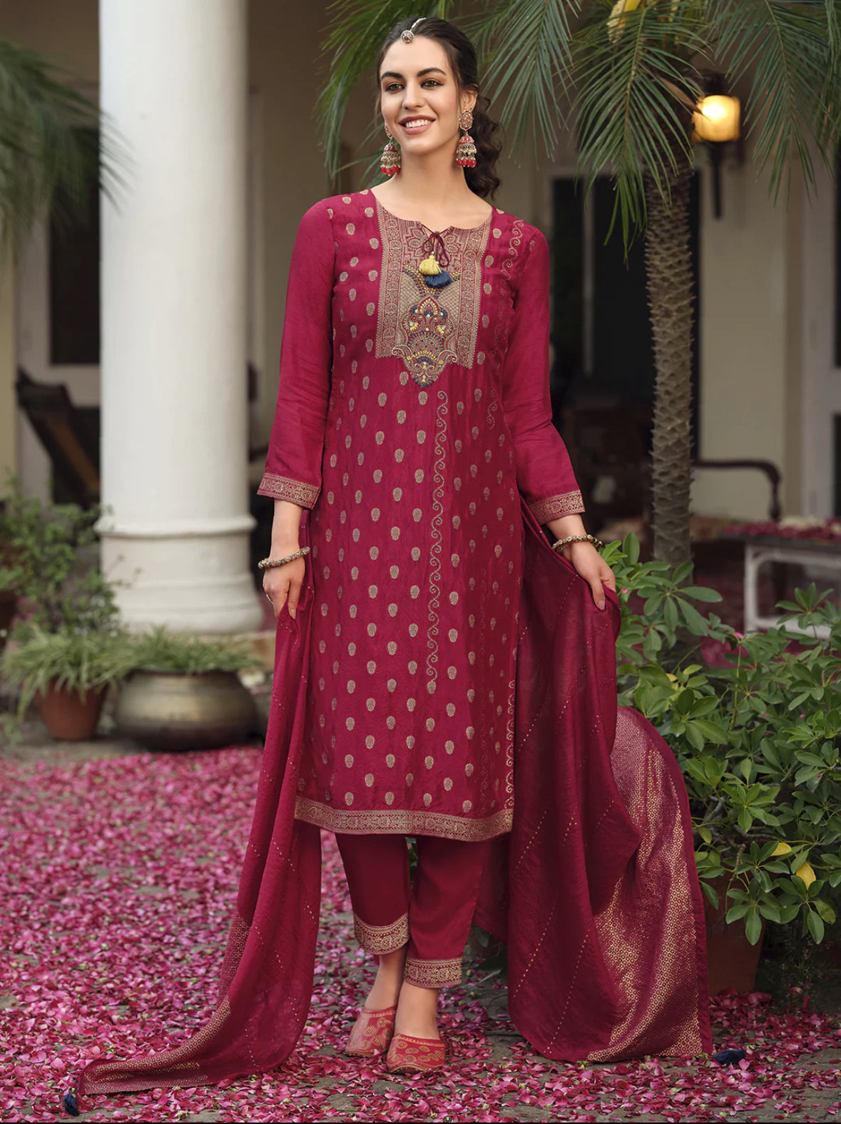 Burgundy Embroidered Straight Kurta Trousers With Dupatta Set Silae: Shop Ethnic & Western Wear for Women