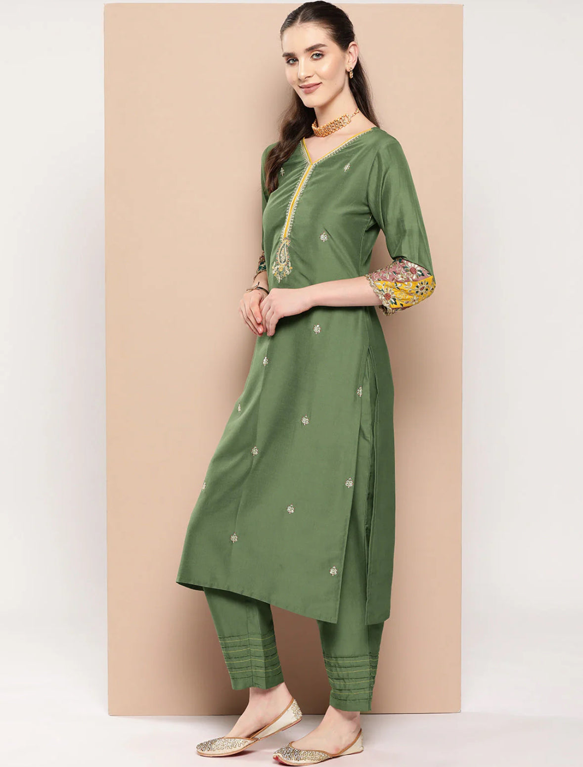 Green Embroidered Straight Kurta Trousers With Dupatta Set