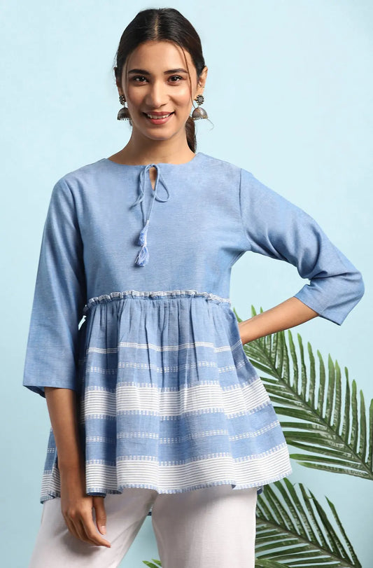 Women's Blue Cotton Striped Empire Top Silae