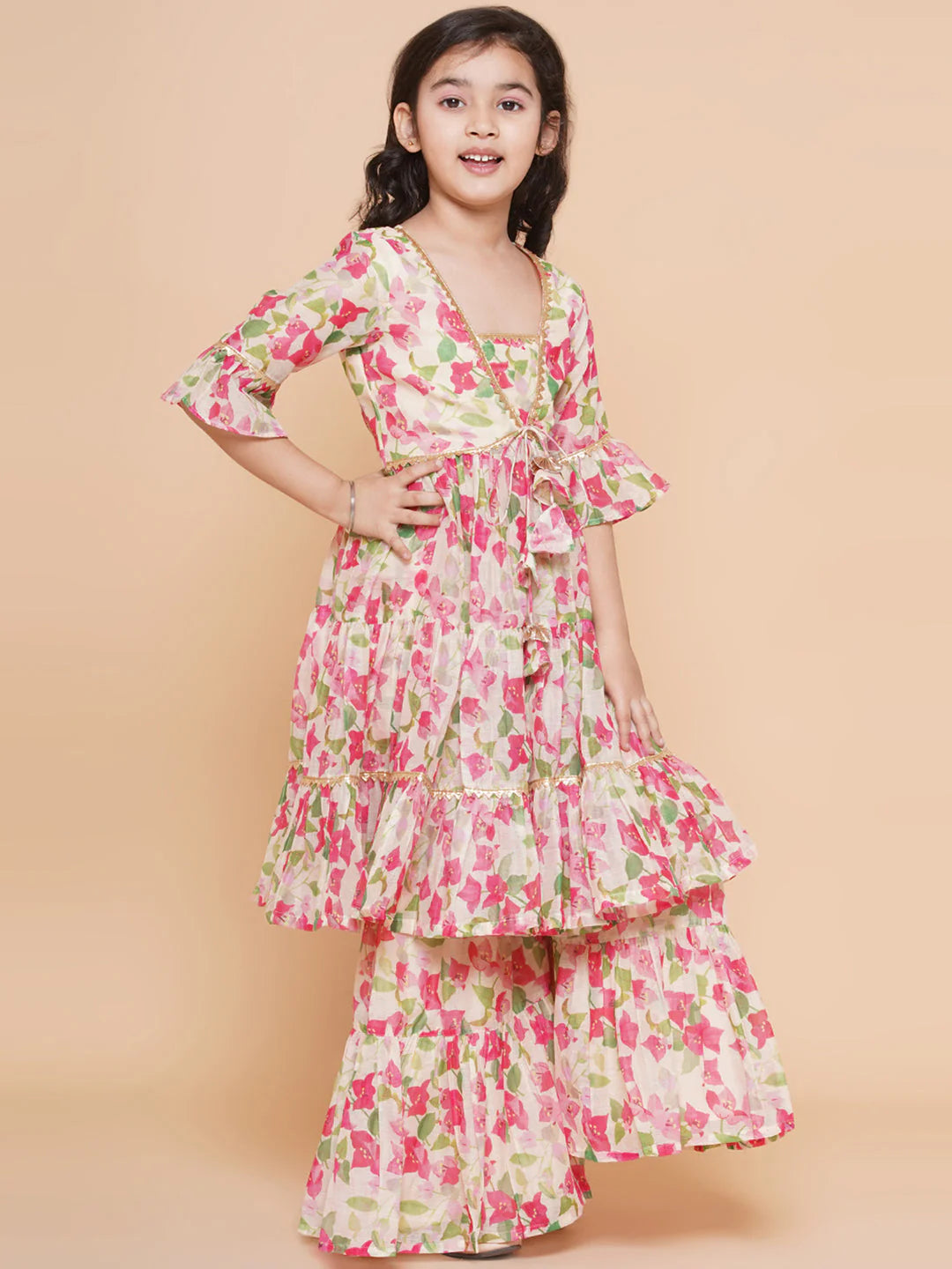 Cream Multi Printed Kurta With Sharara