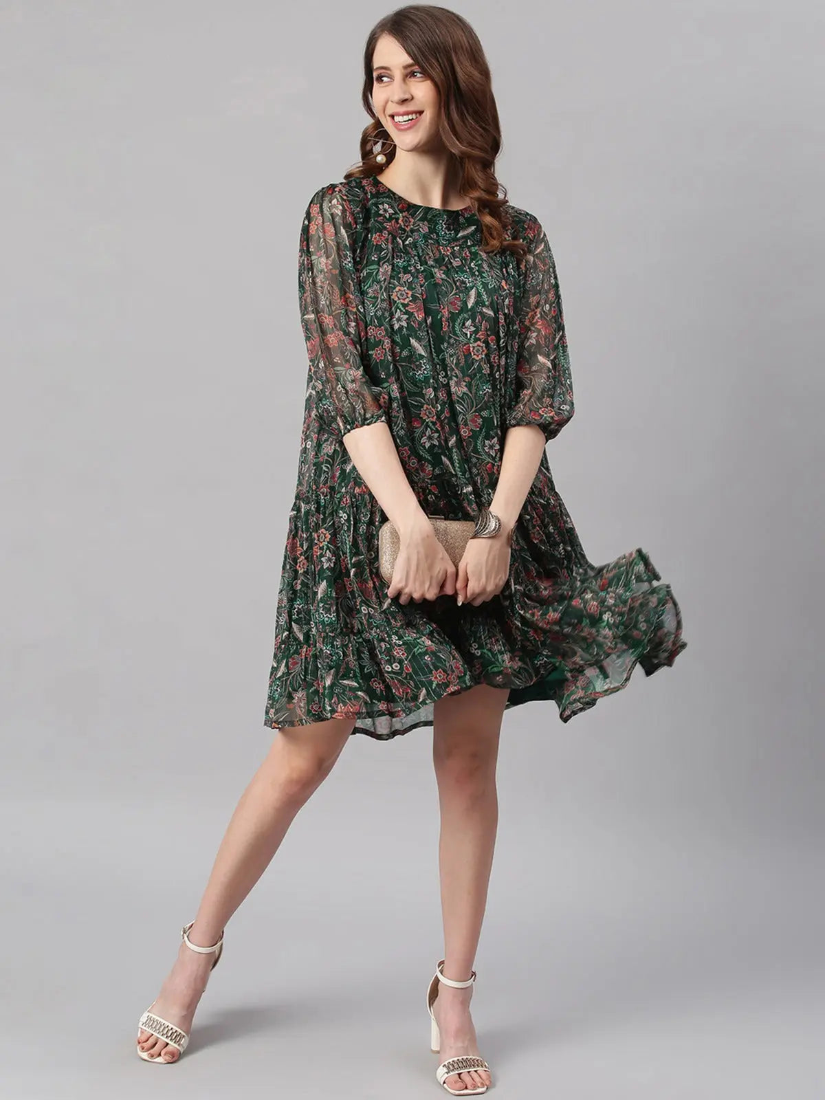 Women's Green Poly Georgette Floral Flared Western Dress My Store