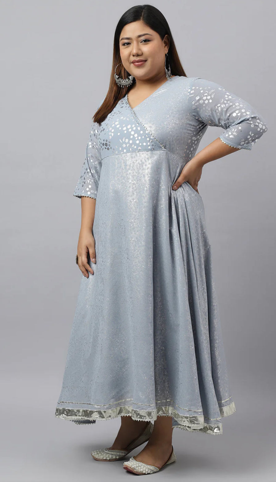 Grey Georgette Foil Printed Kurta with Dupatta
