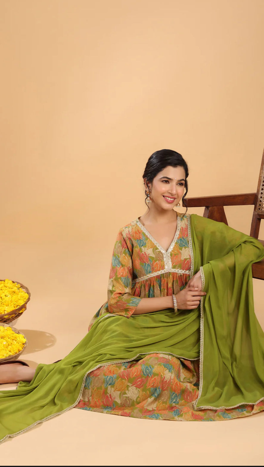 Multicolor Chanderi Blend Floral Gathered Kurta Set