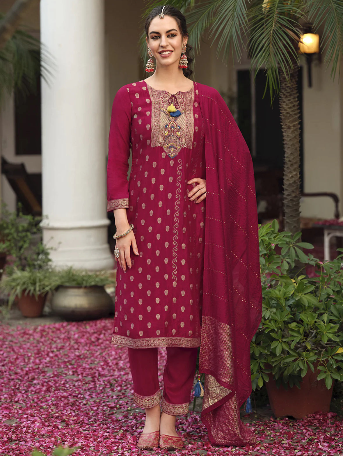 Burgundy Embroidered Straight Kurta Trousers With Dupatta Set Silae: Shop Ethnic & Western Wear for Women