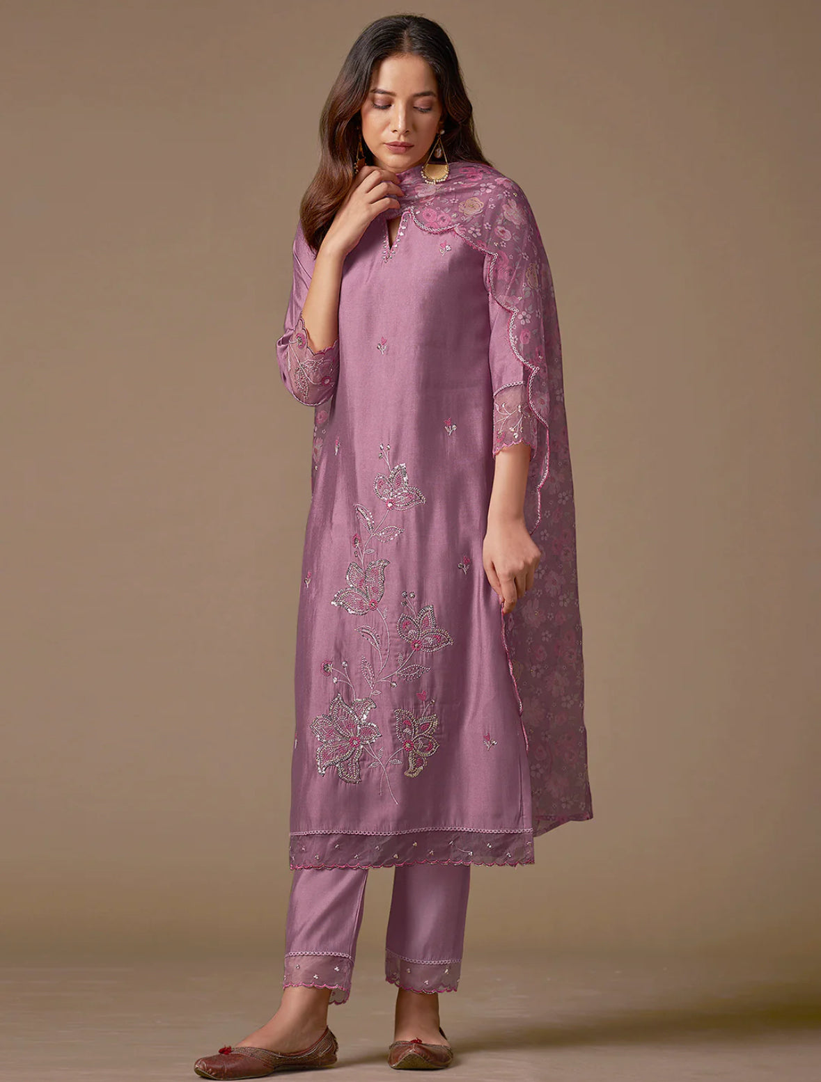 Lavender Embroidered Straight Kurta Trousers With Dupatta Set Silae: Shop Ethnic & Western Wear for Women