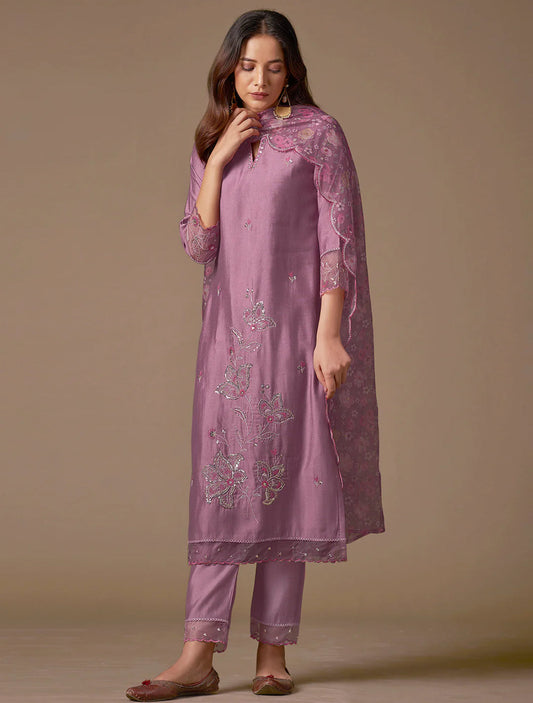 Lavender Embroidered Straight Kurta Trousers With Dupatta Set Silae: Shop Ethnic & Western Wear for Women