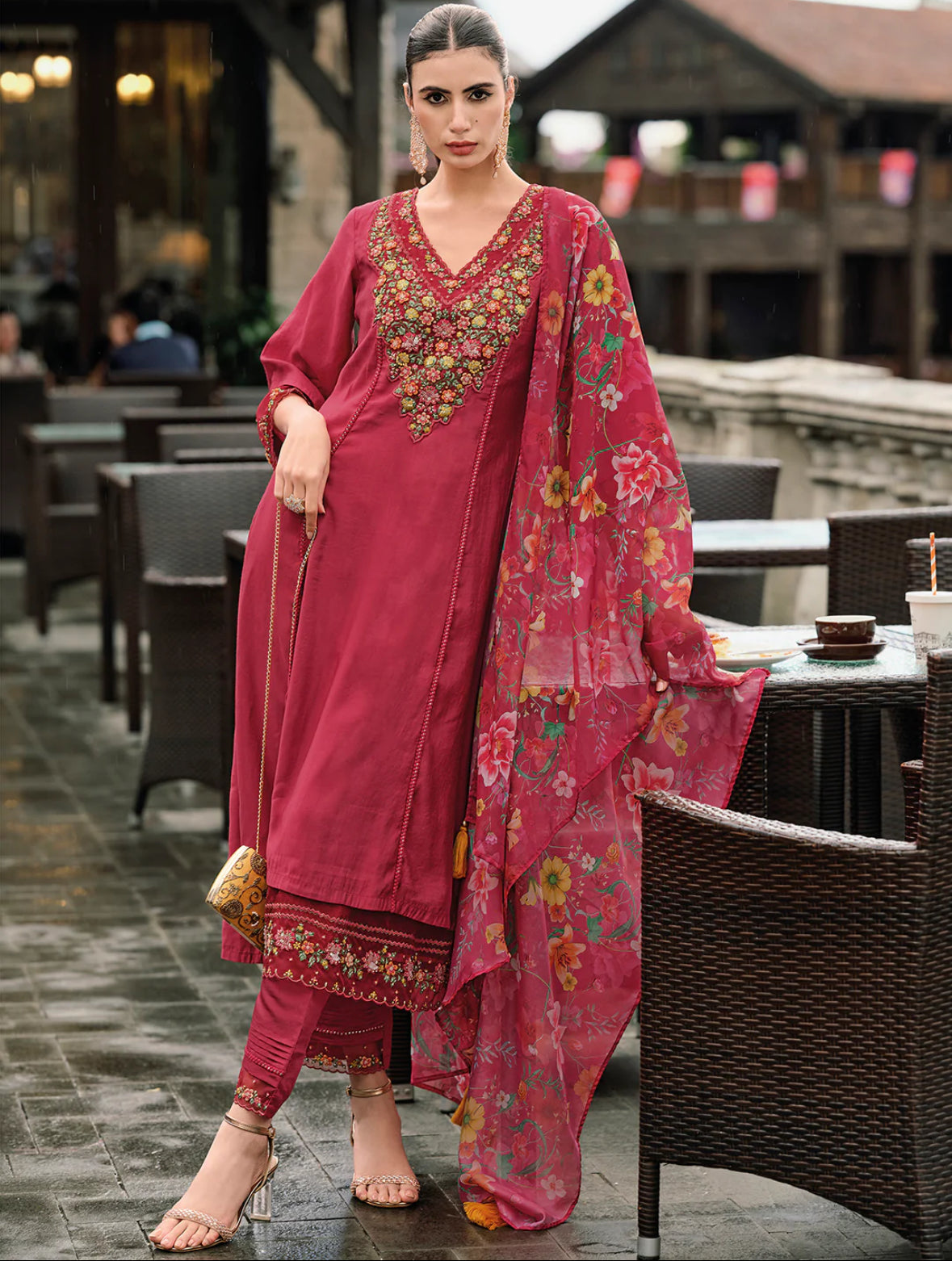 Red Embroidered A-Line Kurta Trousers With Dupatta Set
