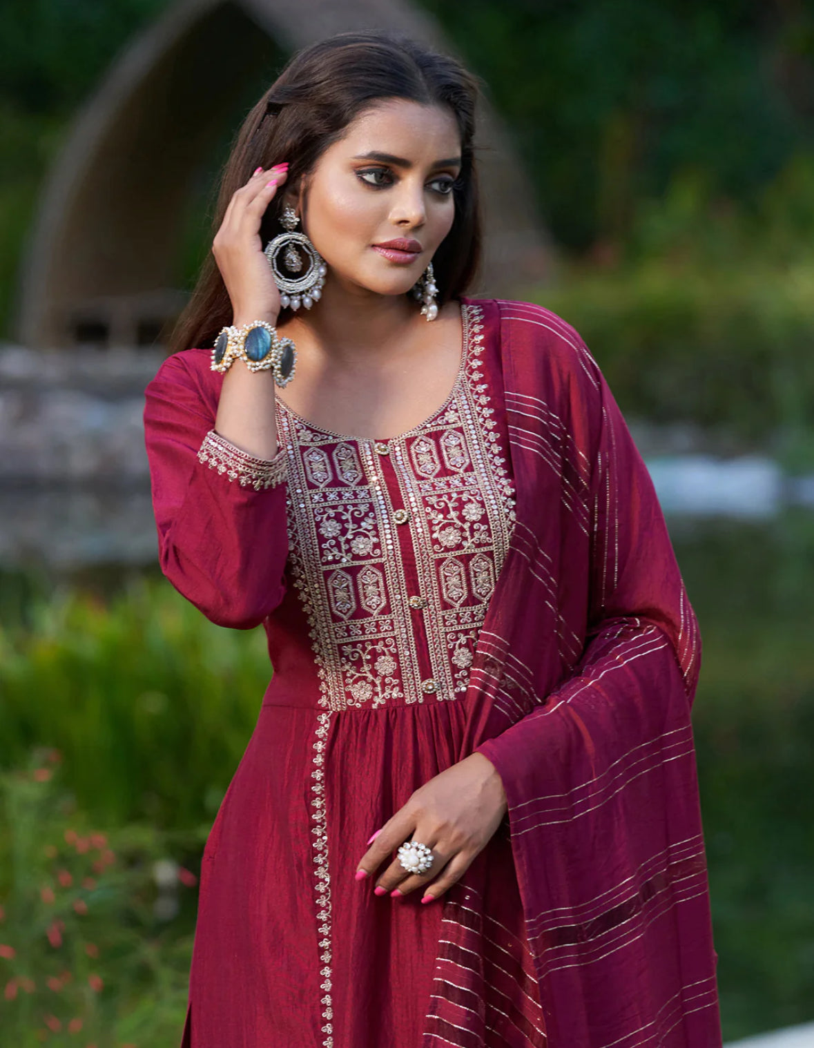 Maroon Embroidered Straight Kurta Trousers With Dupatta Set Indo-Silae