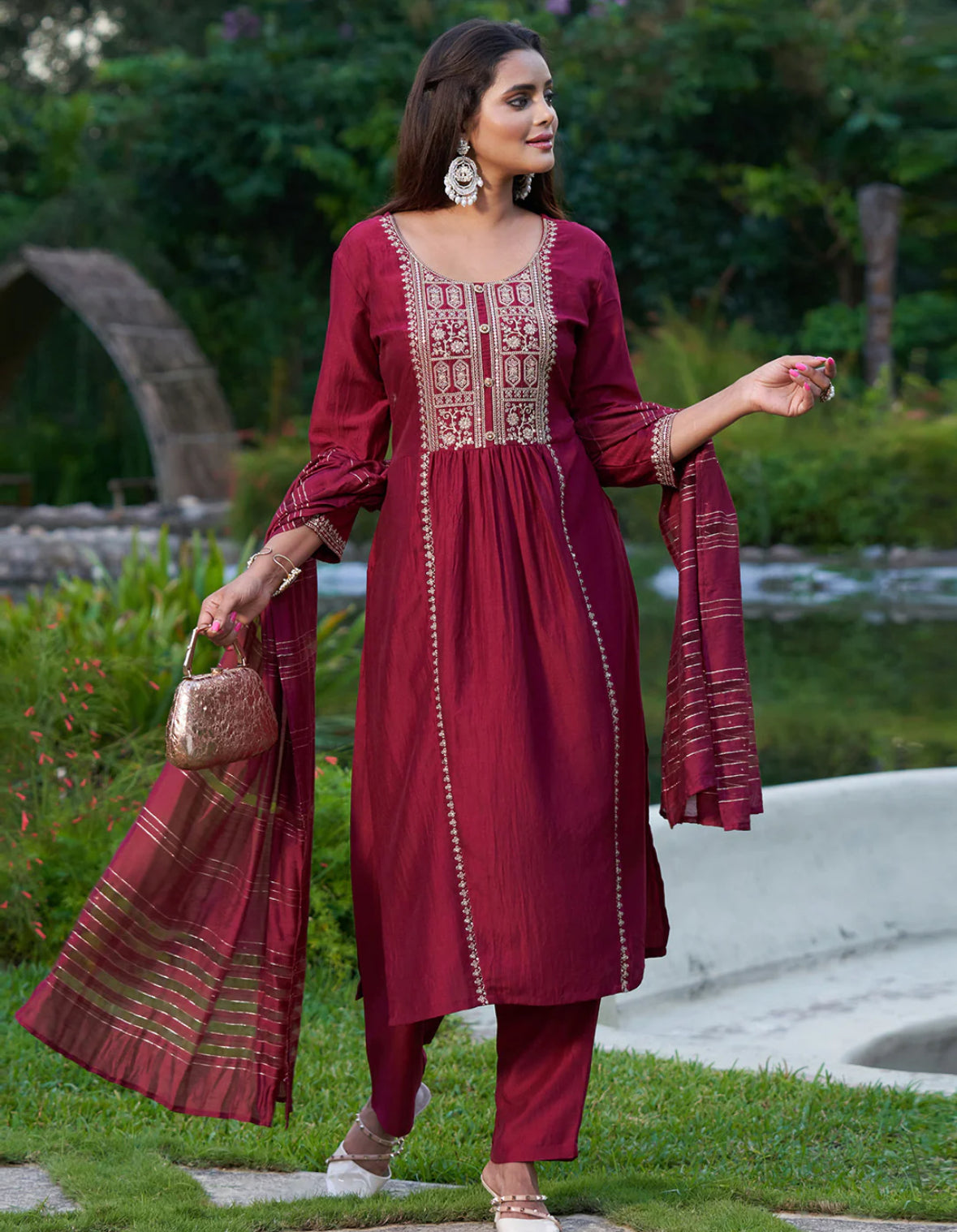 Maroon Embroidered Straight Kurta Trousers With Dupatta Set Indo-Silae