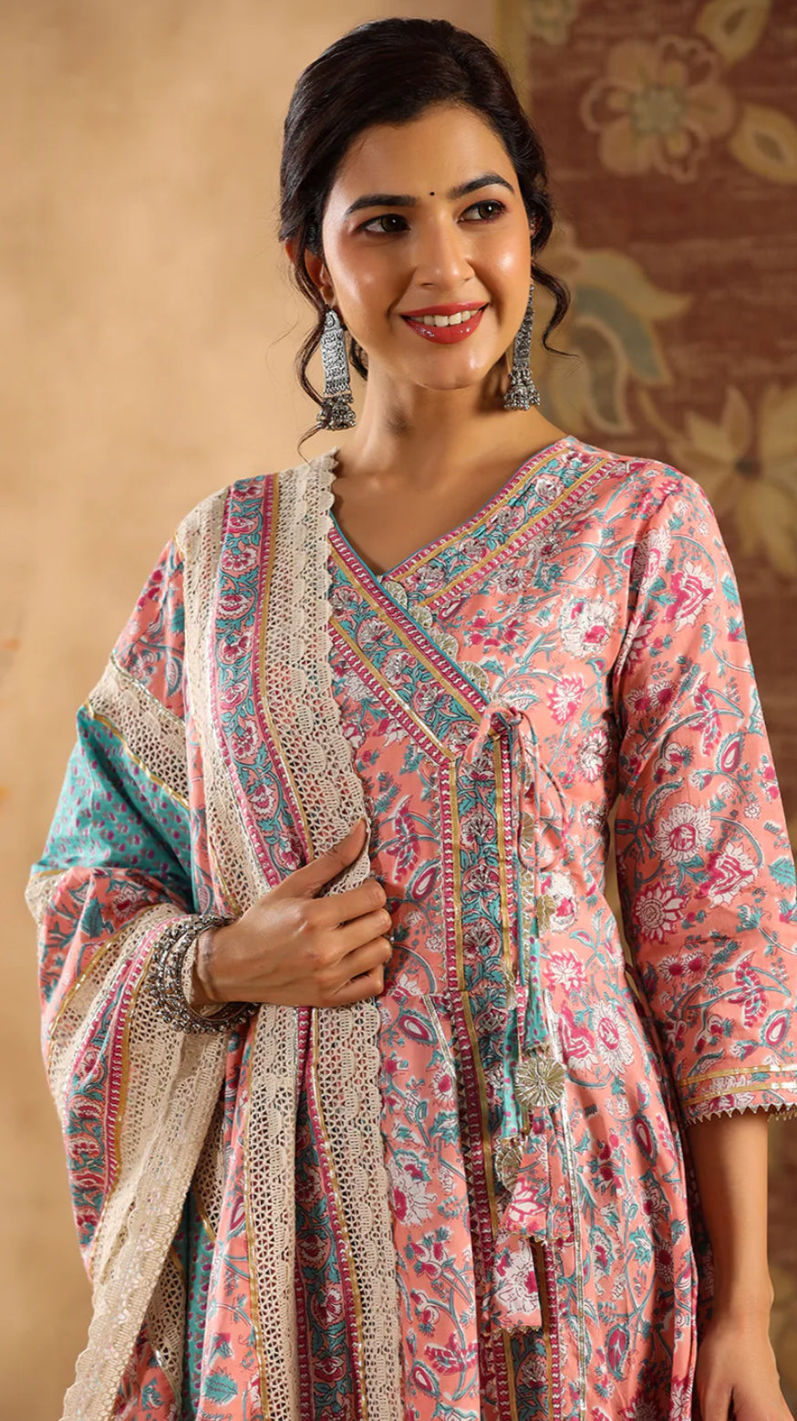 Peach Cotton Embellished Kurta with Pant and Dupatta