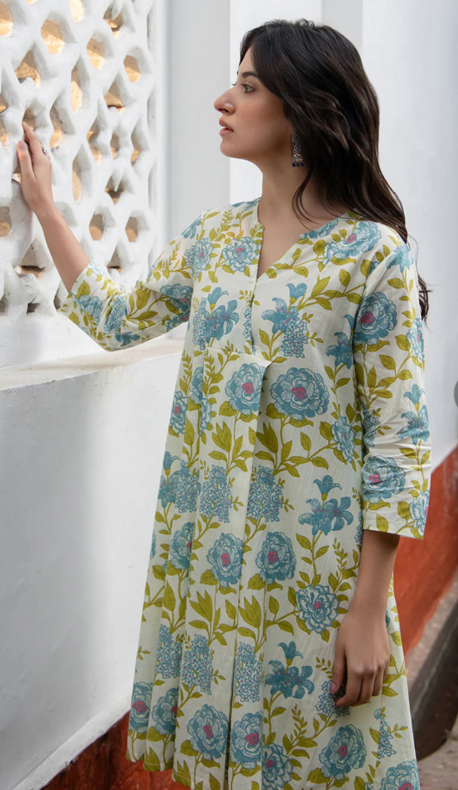 Off White Cotton Floral Regular Tunic