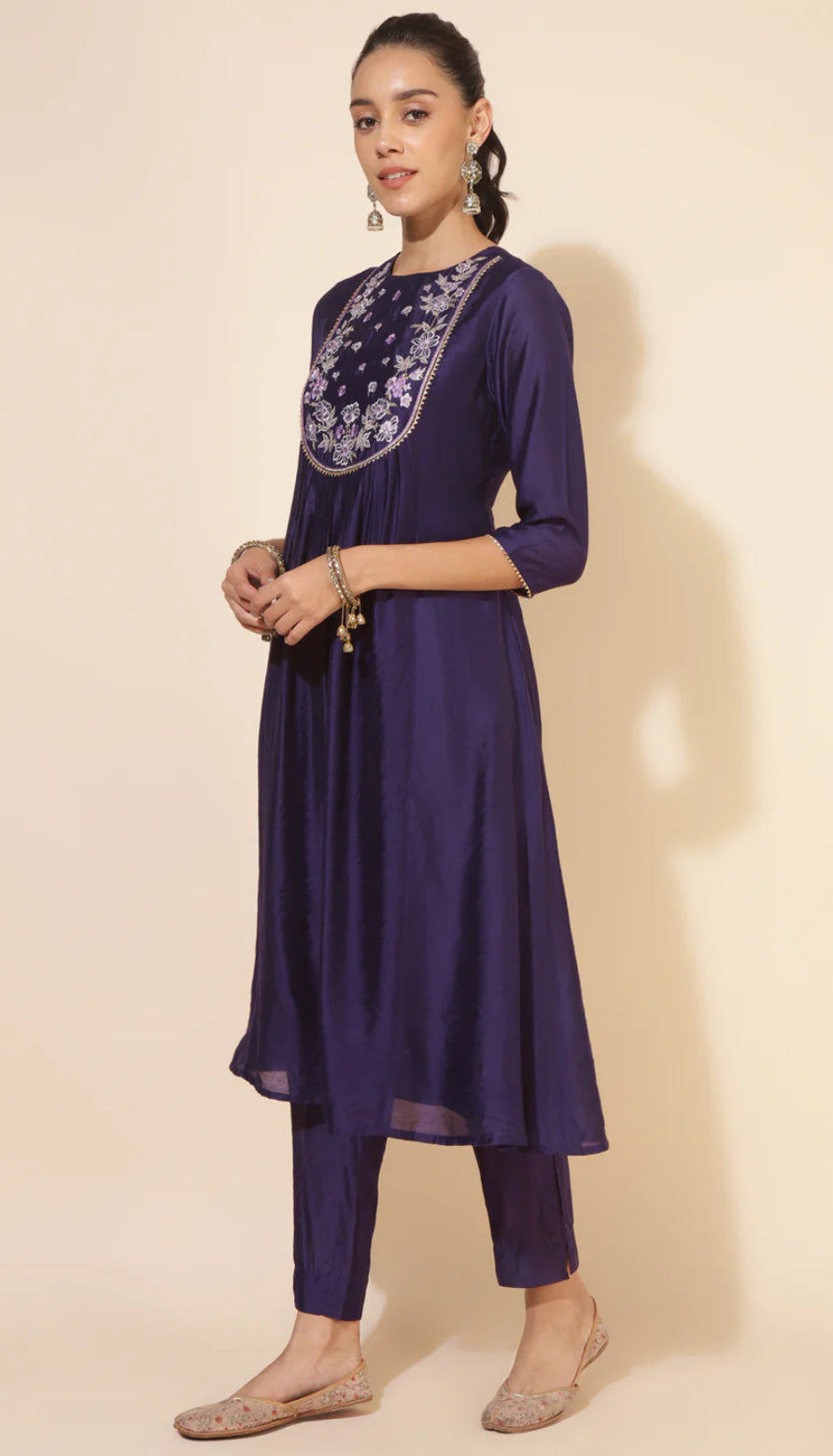 Purple Chanderi Yoke Embroidery A-Line Kurta Set