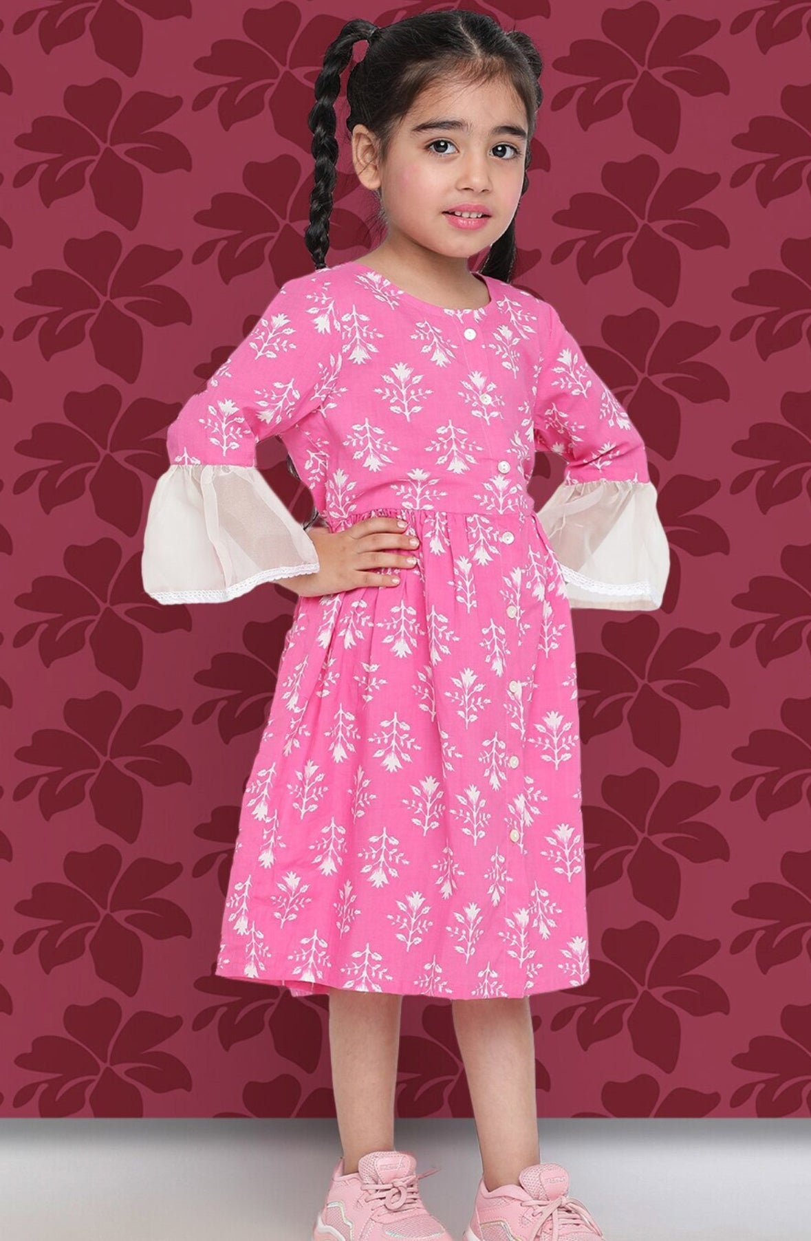 Girls Pink Floral Printed Bell Sleeve Cotton A-Line Dress Indo-Silae