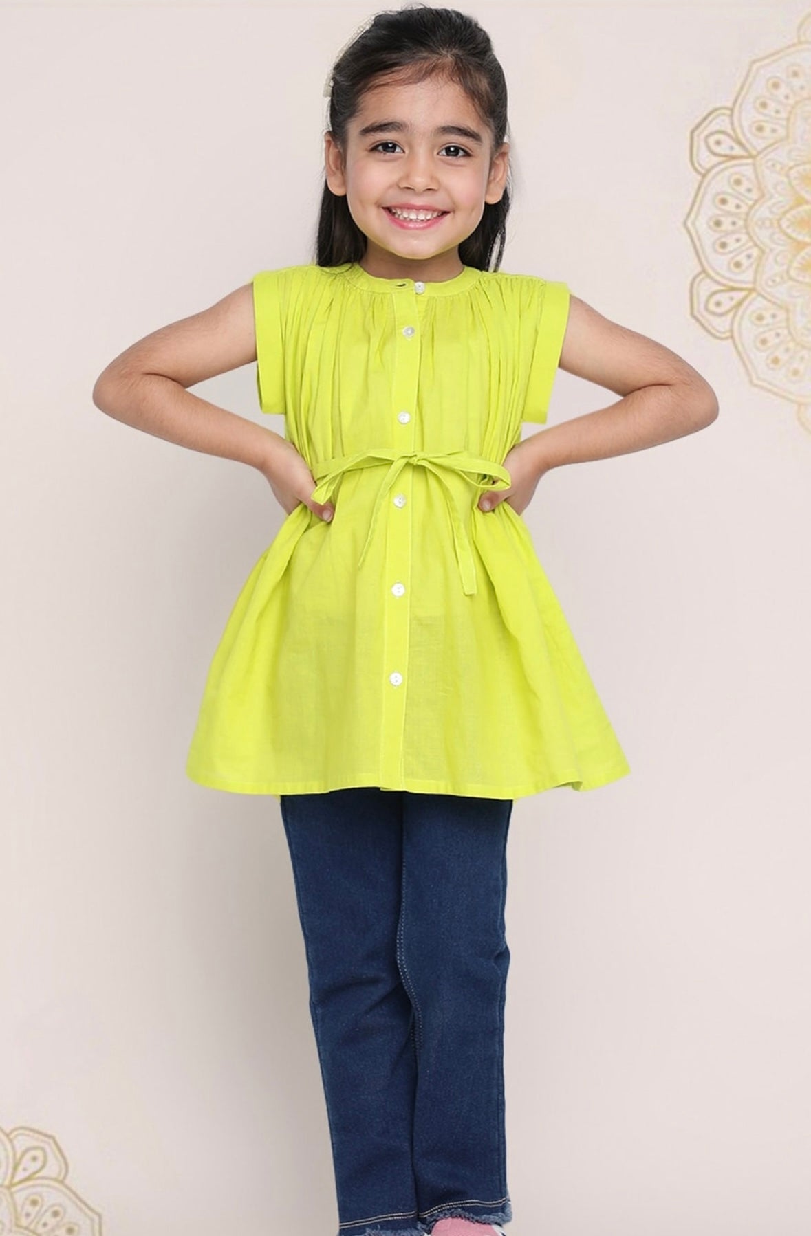 Girls Green Band Collar Extended Sleeves Cotton Top Indo-Silae