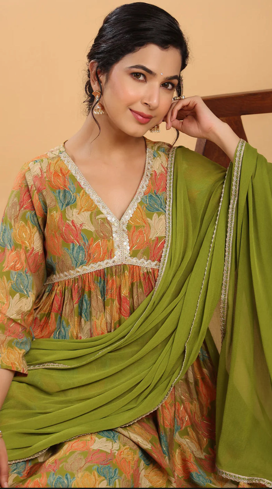 Multicolor Chanderi Blend Floral Gathered Kurta Set
