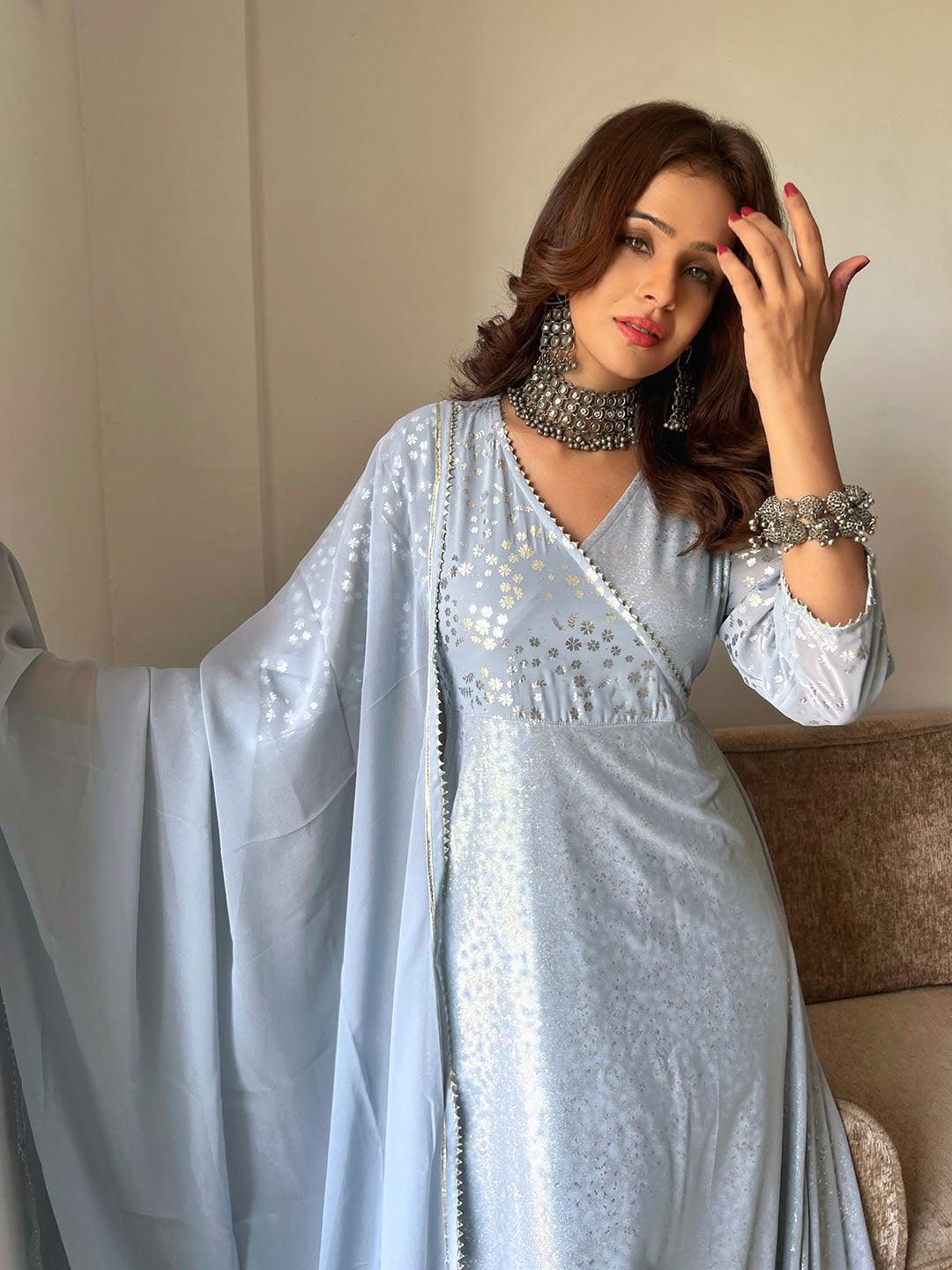 Grey Georgette Foil Print Kurta With Dupatta