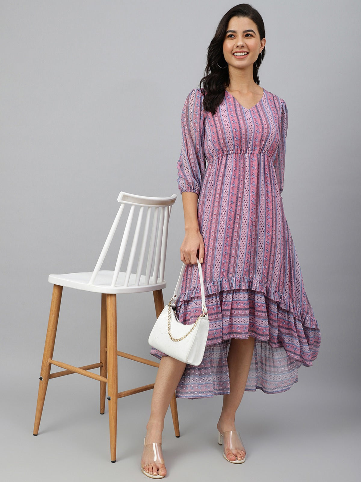 Women's Pink Dobby Georgette Digital Print High Low Western Dress My Store