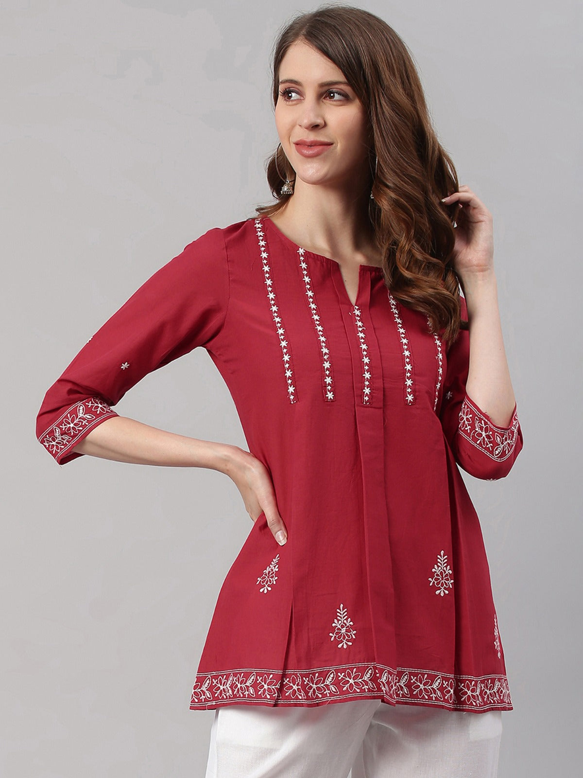 Women's Maroon Cotton Embroidered Trapeze Tunic My Store