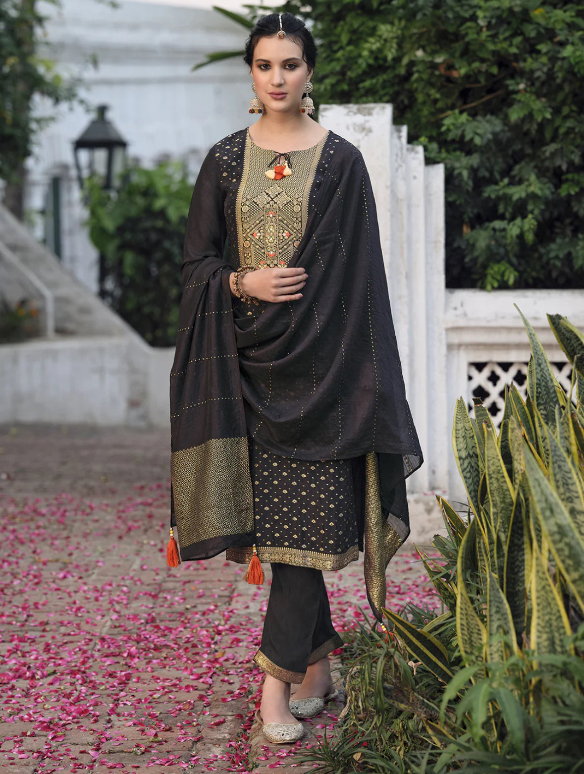 Burgundy Embroidered Straight Kurta Trousers With Dupatta Set Silae: Shop Ethnic & Western Wear for Women