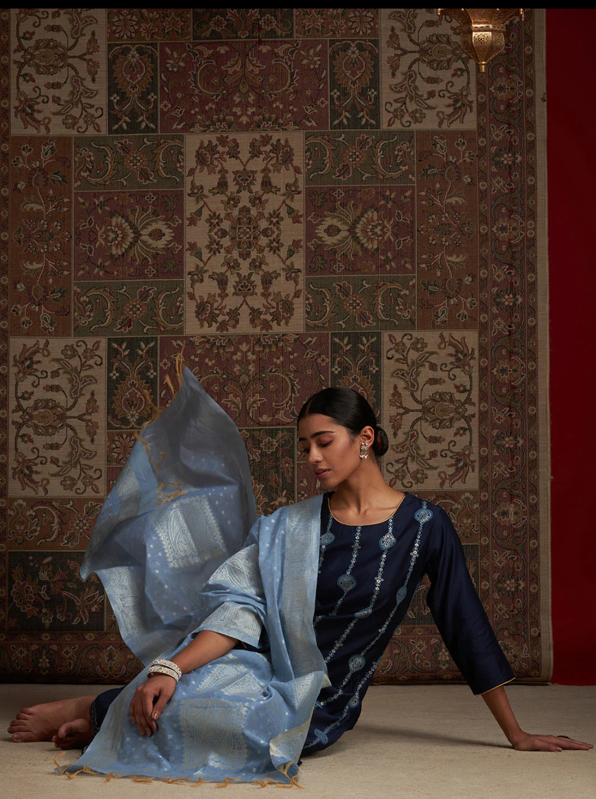 Navy Blue Embroidered Straight Kurta Palazzos With Dupatta Set Indo-Silae