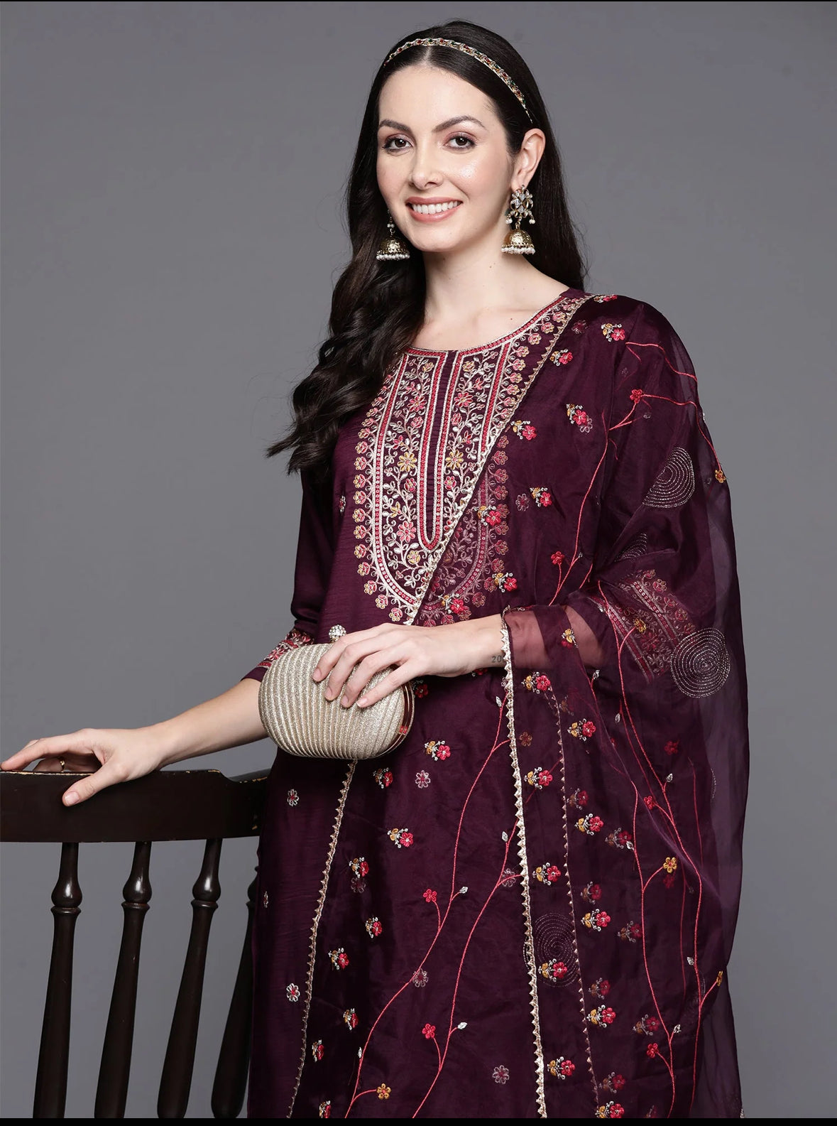 Wine Embroidered Straight Kurta Trousers With Dupatta Set Indo-Silae