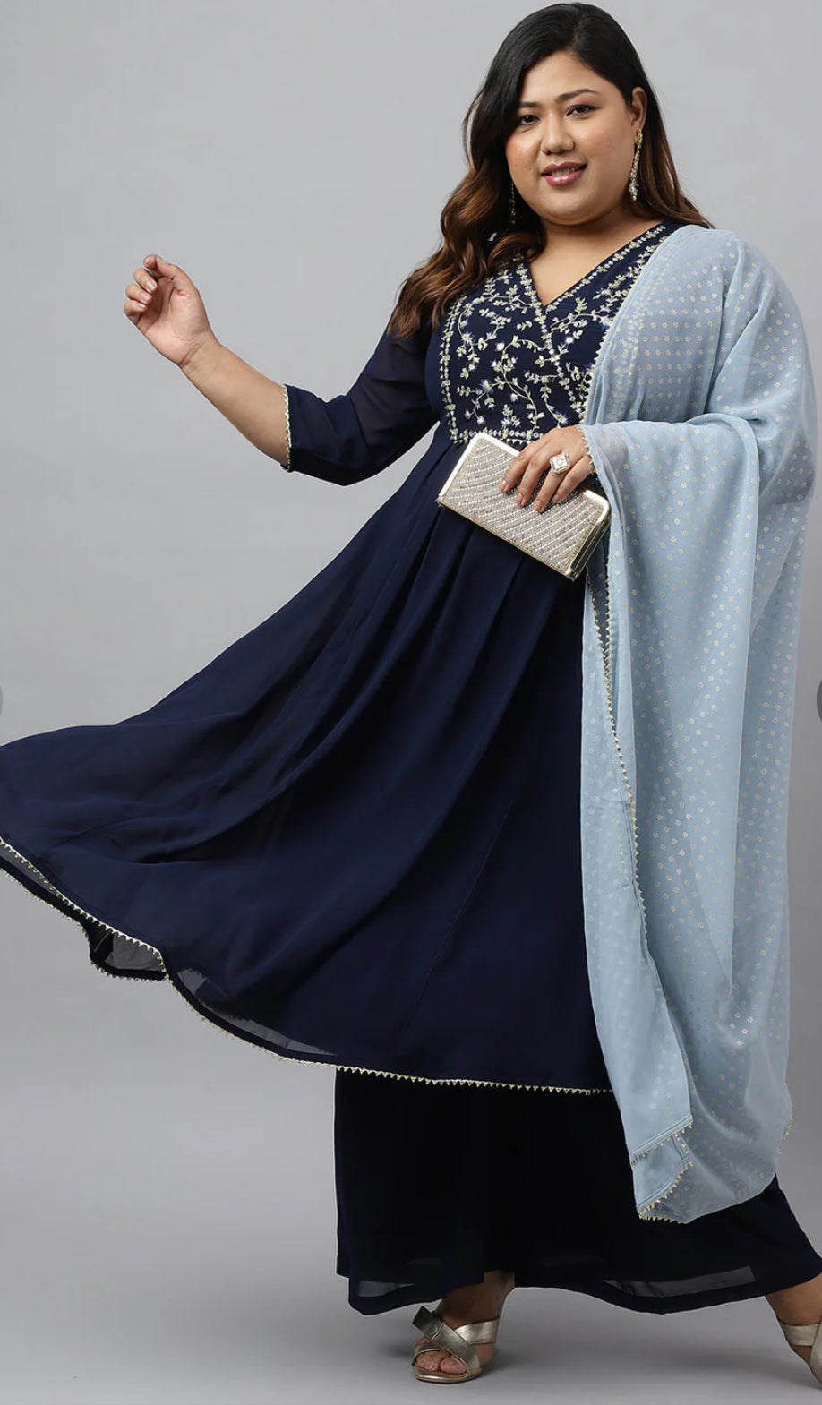 Navy Blue Georgette Yoke Embroidery Kurta with Palazzo and Dupatta