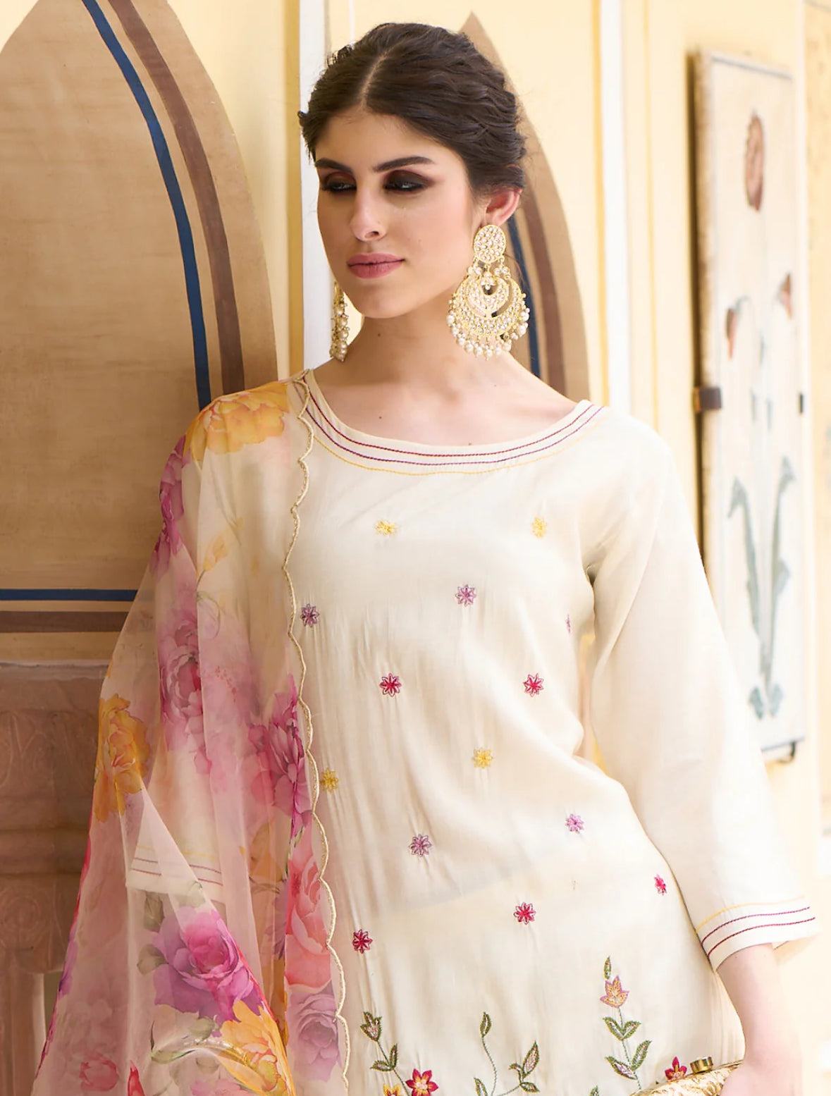 Off White Embroidered Straight Kurta Trousers With Dupatta Set
