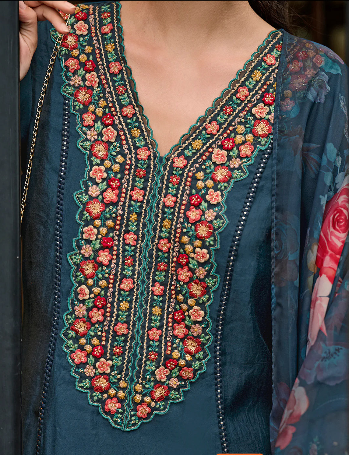 Blue Embroidered A-Line Kurta Trousers With Dupatta Set Indo-Silae