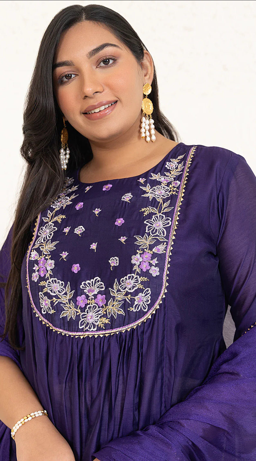Purple Chanderi Yoke Embroidery A-Line Kurta Set
