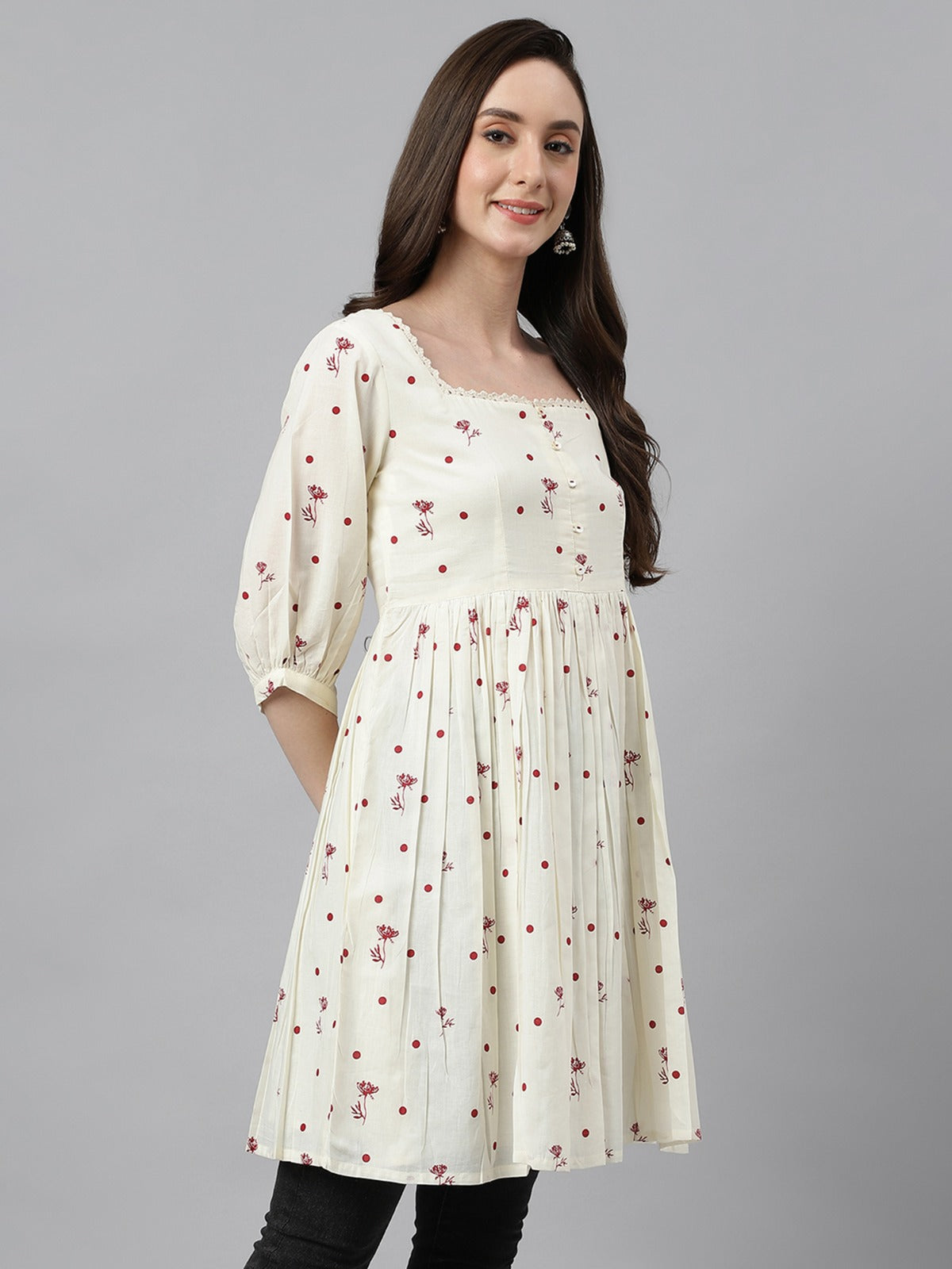 Women's Off White Cambric Cotton Botanical Print Flared Tunic My Store