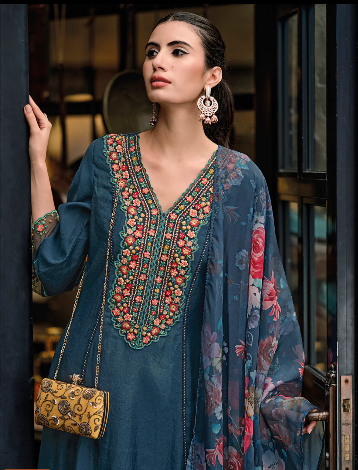 Blue Embroidered A-Line Kurta Trousers With Dupatta Set Indo-Silae