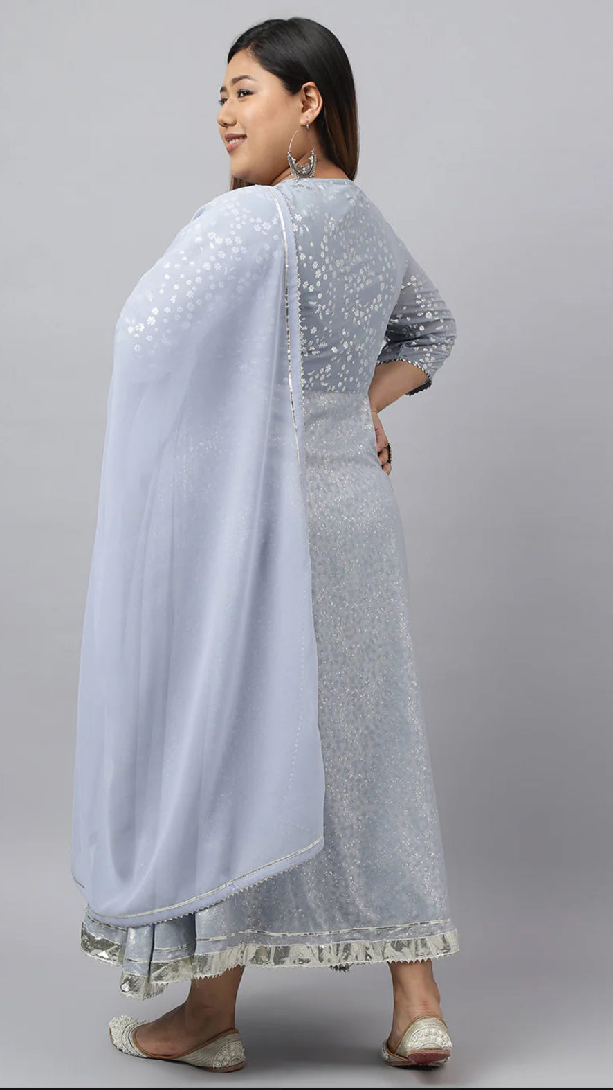 Grey Georgette Foil Printed Kurta with Dupatta