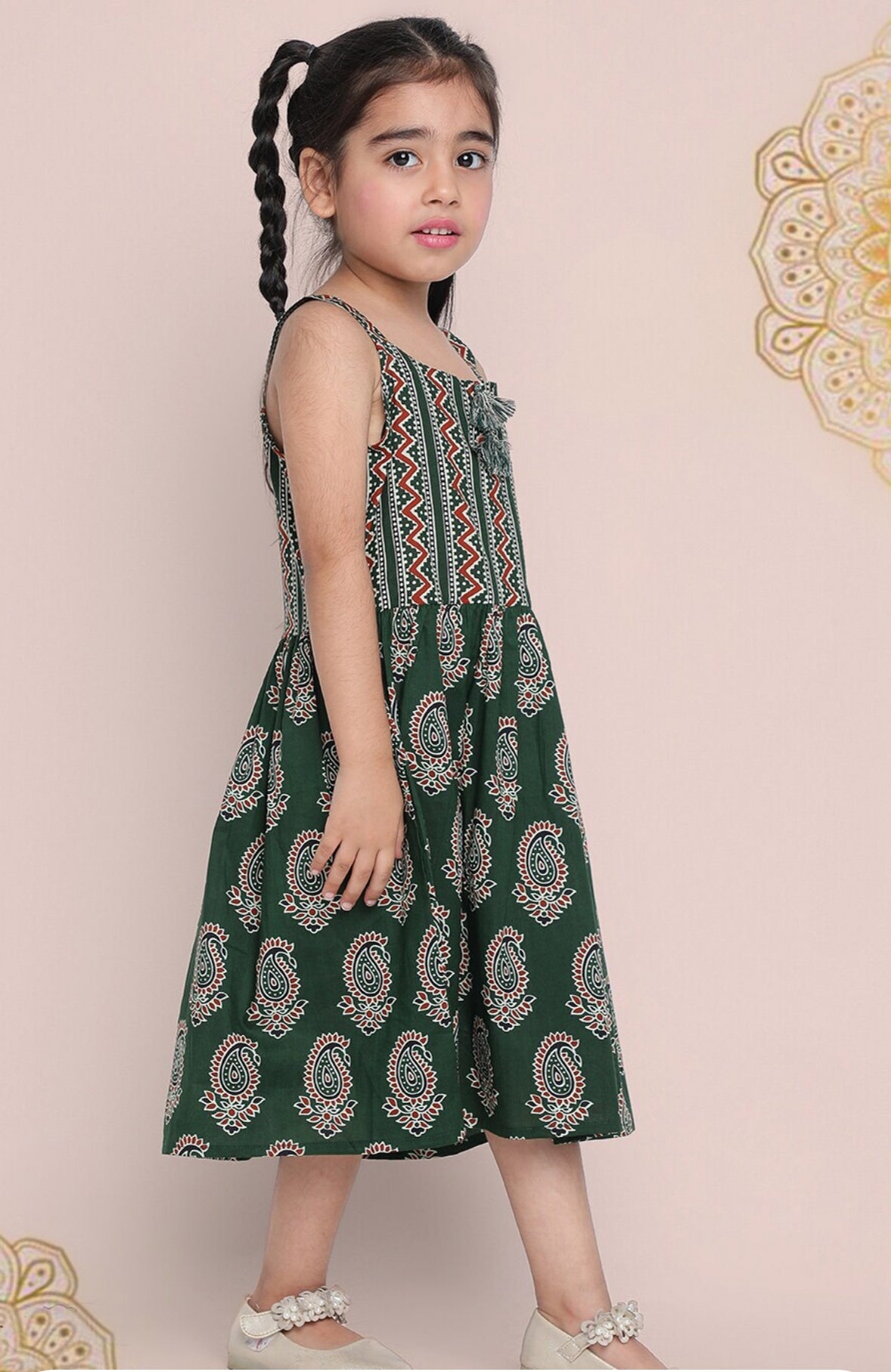 Girls Green Ethnic Motifs Printed Cotton Fit & Flare Midi Dress Indo-Silae