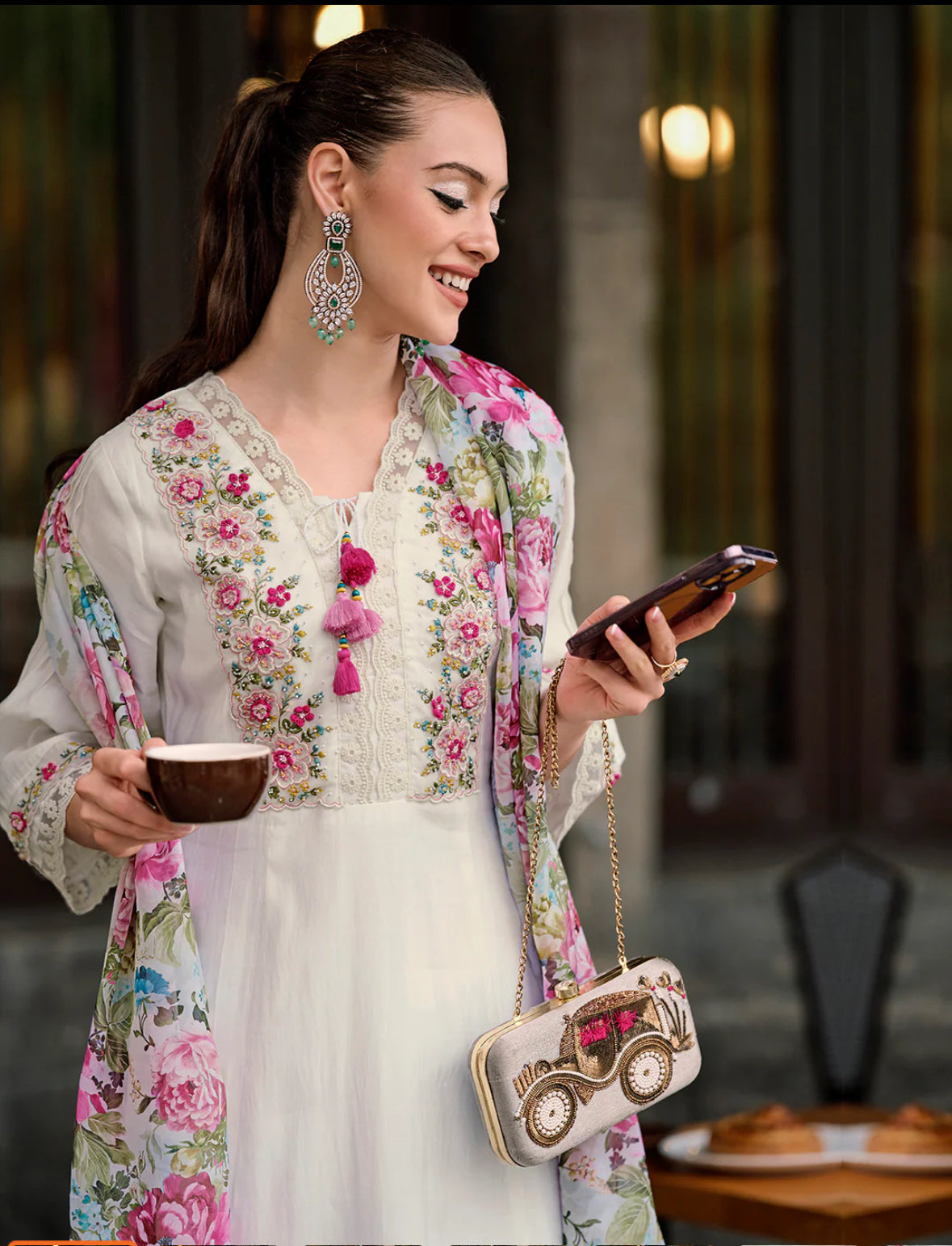 White Embroidered A-Line Kurta Trousers With Dupatta Set Indo-Silae