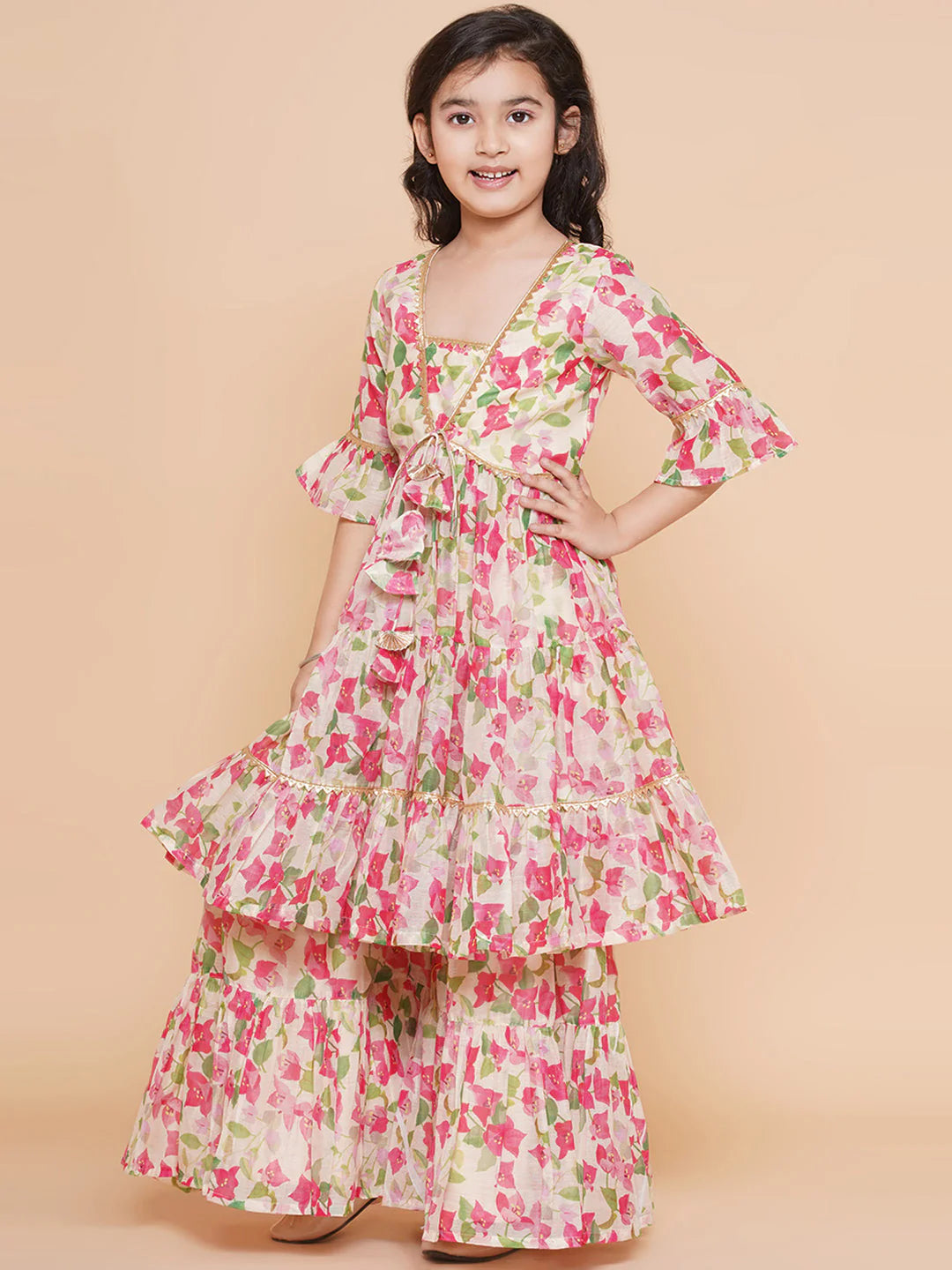 Cream Multi Printed Kurta With Sharara