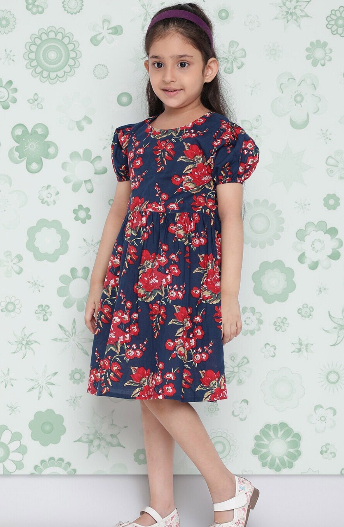 Girls Navy Blue Floral Printed Cotton A-Line Dress Indo-Silae