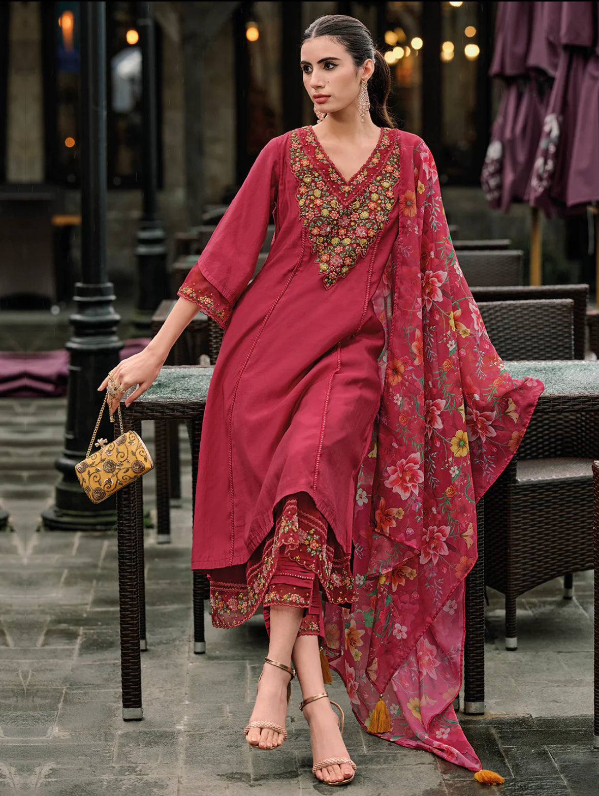 Red Embroidered A-Line Kurta Trousers With Dupatta Set