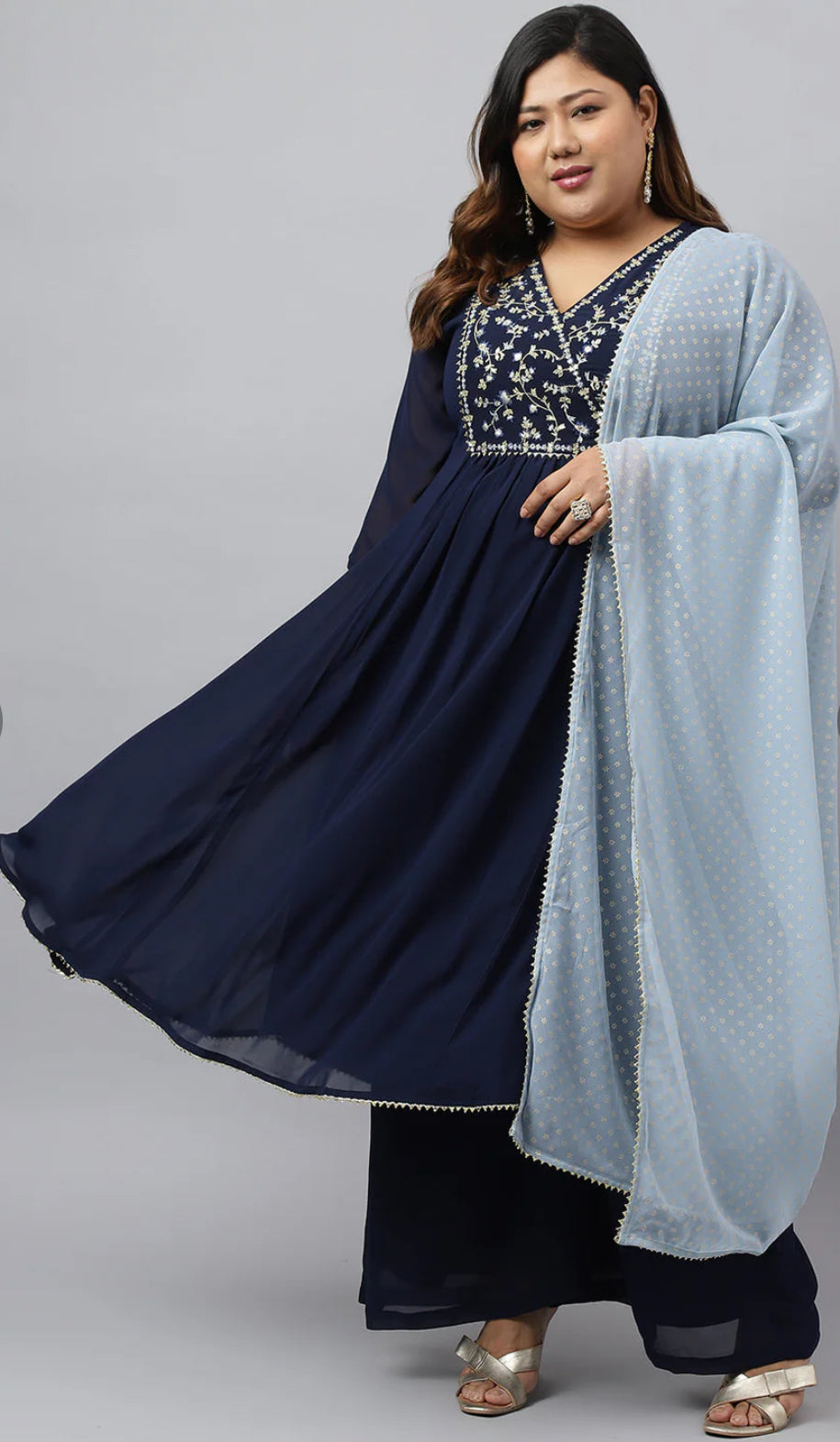 Navy Blue Georgette Yoke Embroidery Kurta with Palazzo and Dupatta